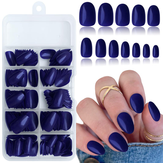 Lifextol Short Press on Nails Almond Fake Nails, 240 Round Almond Press on Nail Short Full Cover Acrylic Presson Nail Tips Navy Blue Artificial False Fingernail Nail Glue Adhesive Tab for Women Kids