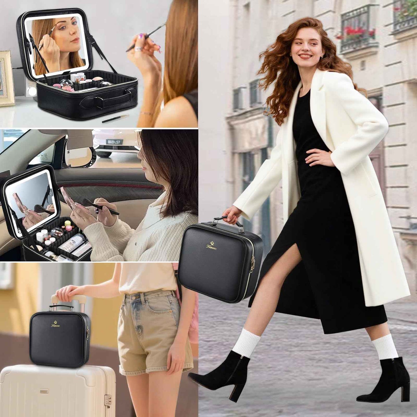 Faquenc Travel Makeup Bag with LED Mirror 3 Color Modes,10.2-in Black Vegan Leather Makeup Organizer Bag with Adjustable EVA Dividers and Independent Brush Panel