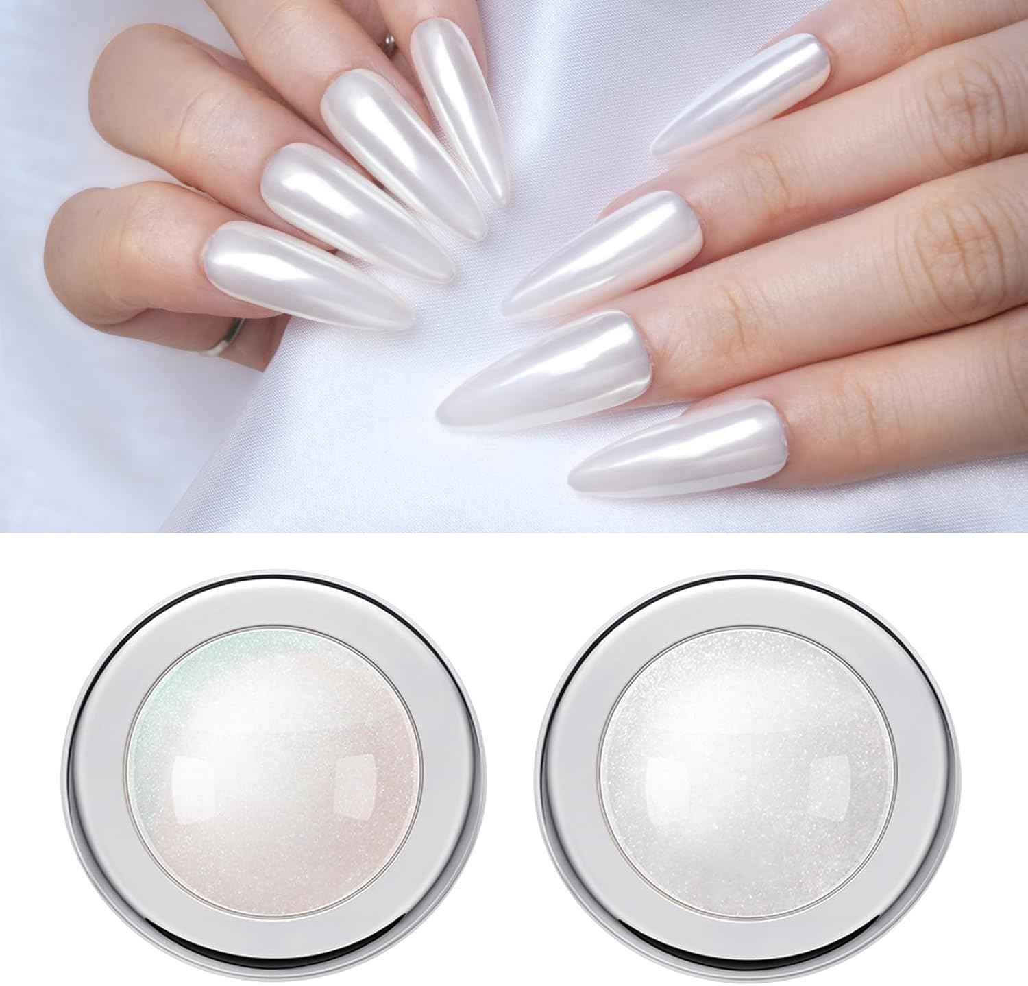 Pretty Diva White Chrome Nail Powder - 2 Colors White Pearl and Moonlight Chrome Powders for Nails, Highlight Moonlight Mirror Nails Powder Metalic Pigment