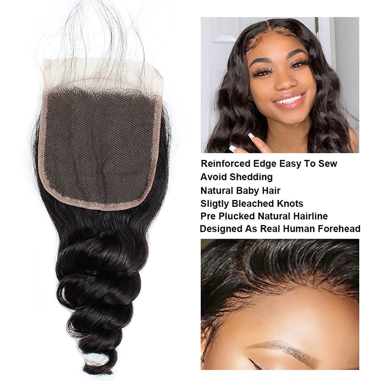 Brazilian Loose Wave 4x4 Lace Closure 100% Unprocessed Human Virgin Hair Pre Plucked Loose Deep Wave Pre-Plucked Hairline Frontal Closure Natural Black With Baby Hair (12inch, loose wave 4x4)