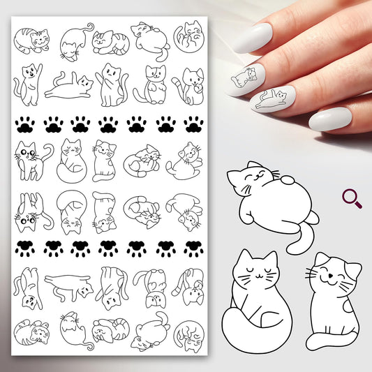 Nail Stickers Decals (5 Sheets) FLONZNAIL Sweet Little White Chibi Cats Nail Decor Transfer Vintage Styled Stickers