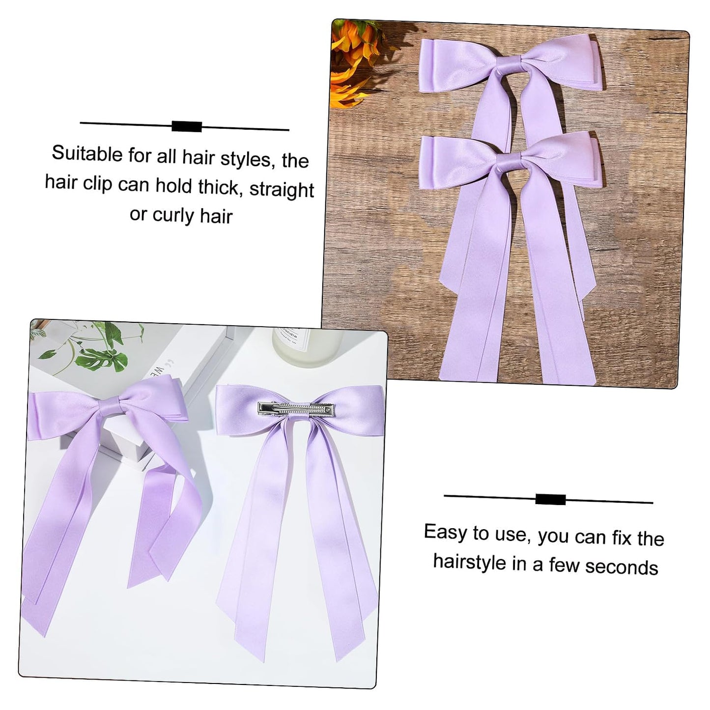 2PCS Silky Satin Hair Bows Ribbon Hair Clips, Fall Alligator Hair Pins, Ponytail Holder Accessories Sides Metal Hair Bow Barrettes Hair Accessories for Women Girls Kids (Purple)