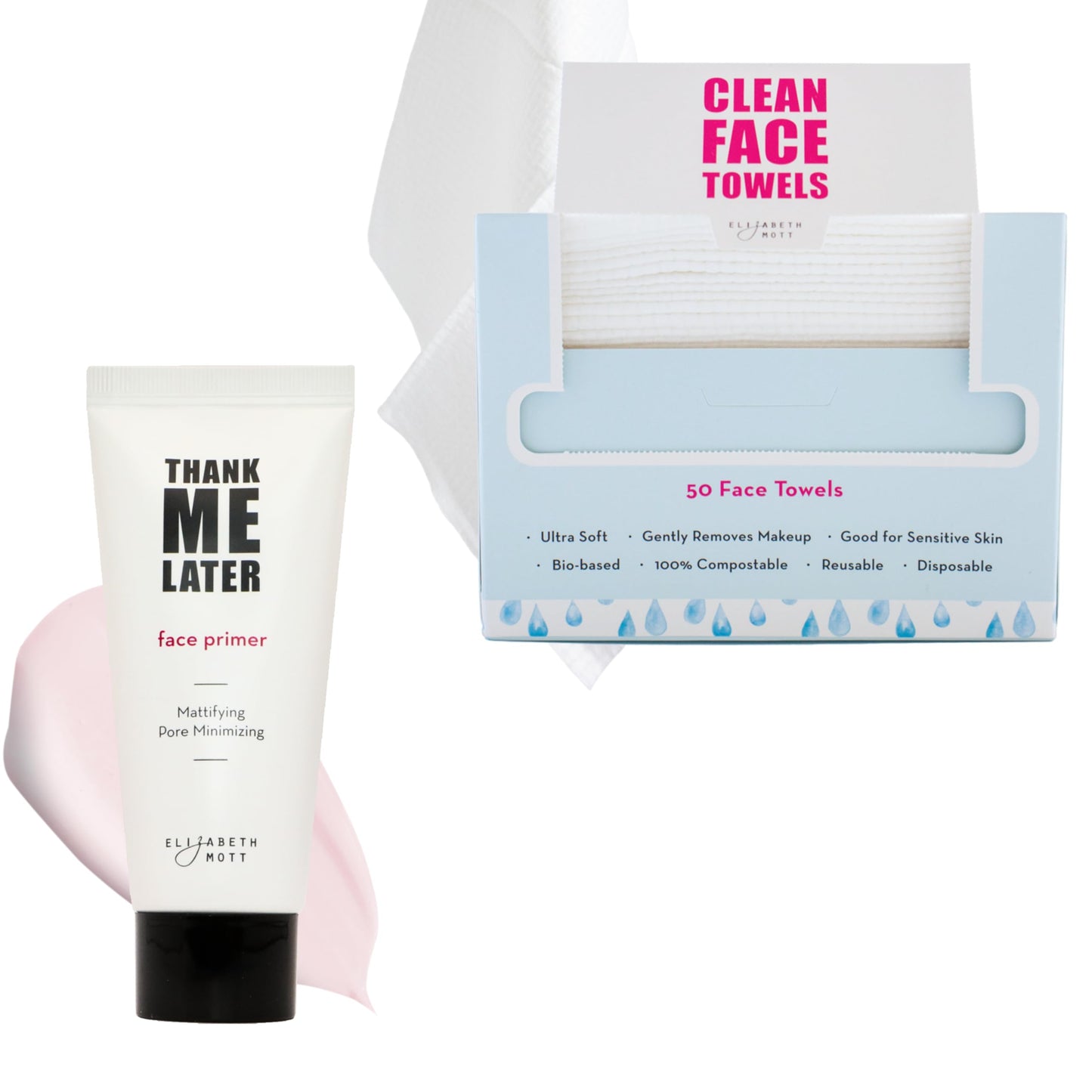 Elizabeth Mott - Thank Me Later Mattifying Face Primer (30g) and Thank Me Later Clean Face Towels - Cruelty Free - (2-Pack Bundle)