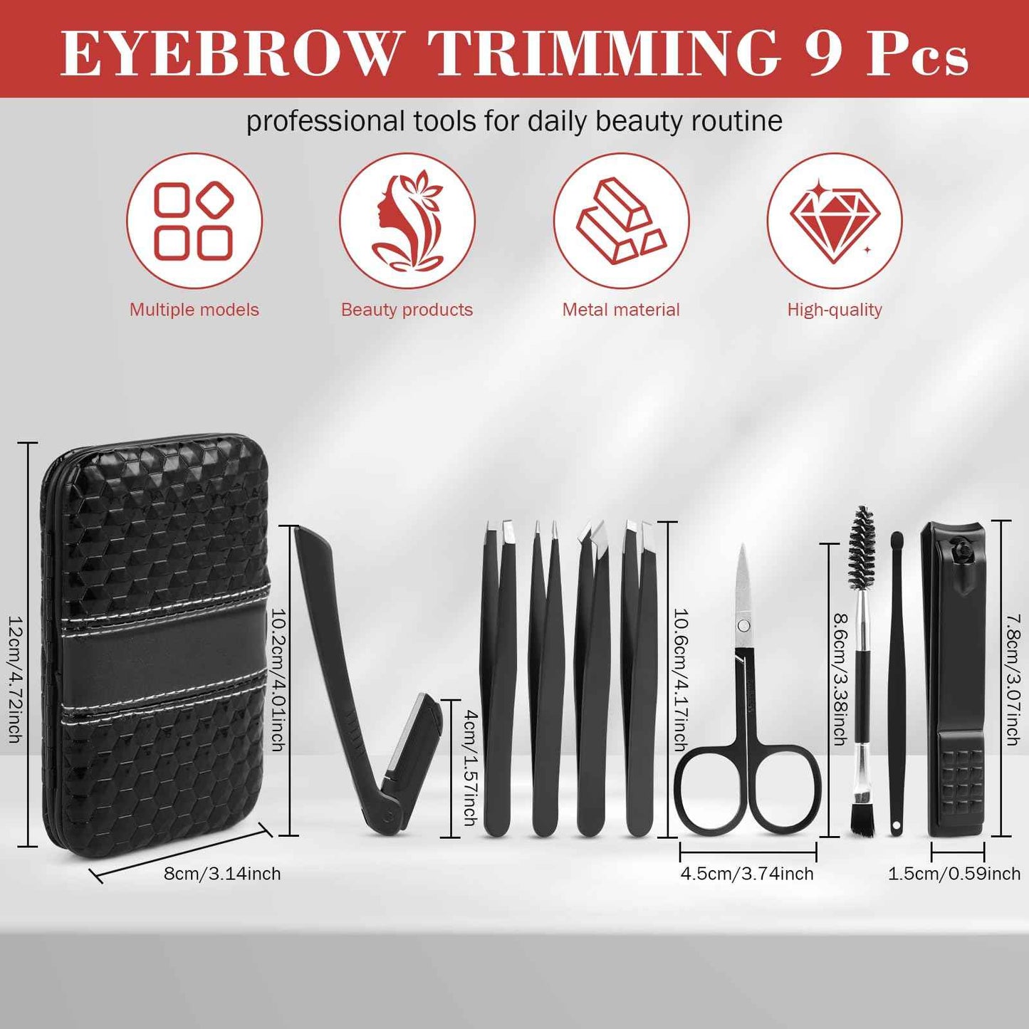 Tweezers Set, Hyxhappy 9 pcs Professional Stainless Steel Tweezers Kit for Facial Hair, Precision Plucker Eyebrow Tweezer Kit with Luxurious Travel Case as Stocking Stuffers Gifts for Women/men