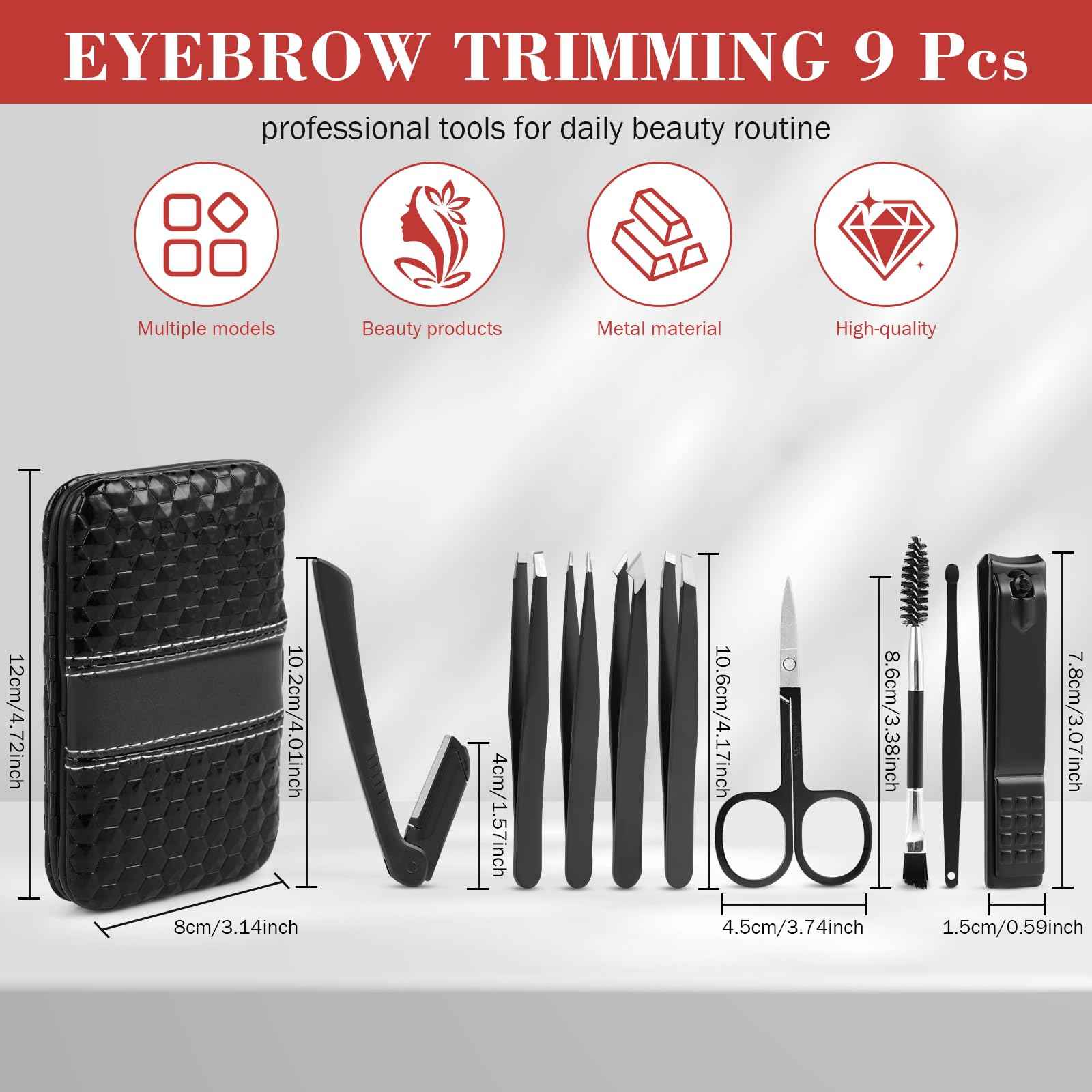 Tweezers Set, Hyxhappy 9 pcs Professional Stainless Steel Tweezers Kit for Facial Hair, Precision Plucker Eyebrow Tweezer Kit with Luxurious Travel Case as Stocking Stuffers Gifts for Women/men