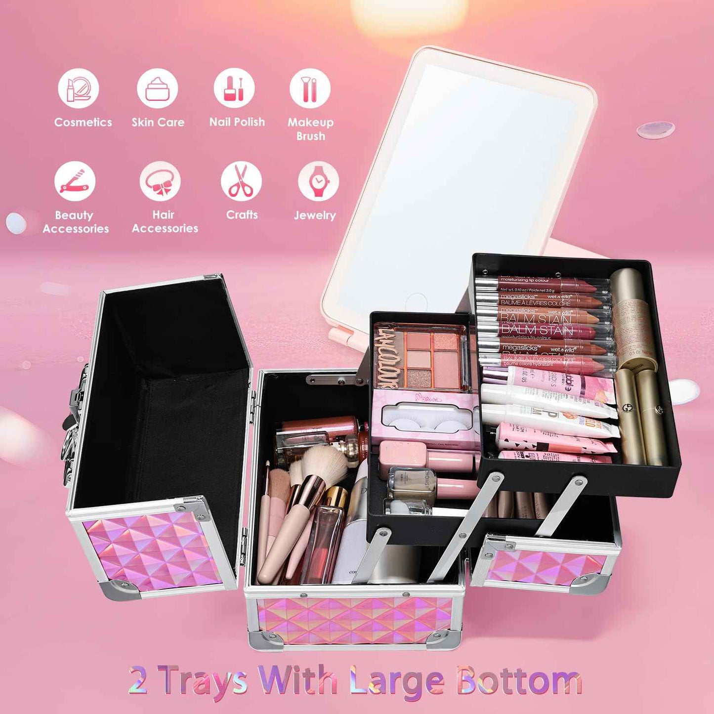 Faquenc Makeup Case with Lighted Mirror Travel Makeup Organizer Box 2 Trays Lockable Cosmetic Train Case with Movable LED Mirror for Girls Make Up Nail Kits Sewing Vanity Storage Case Shiny Pink