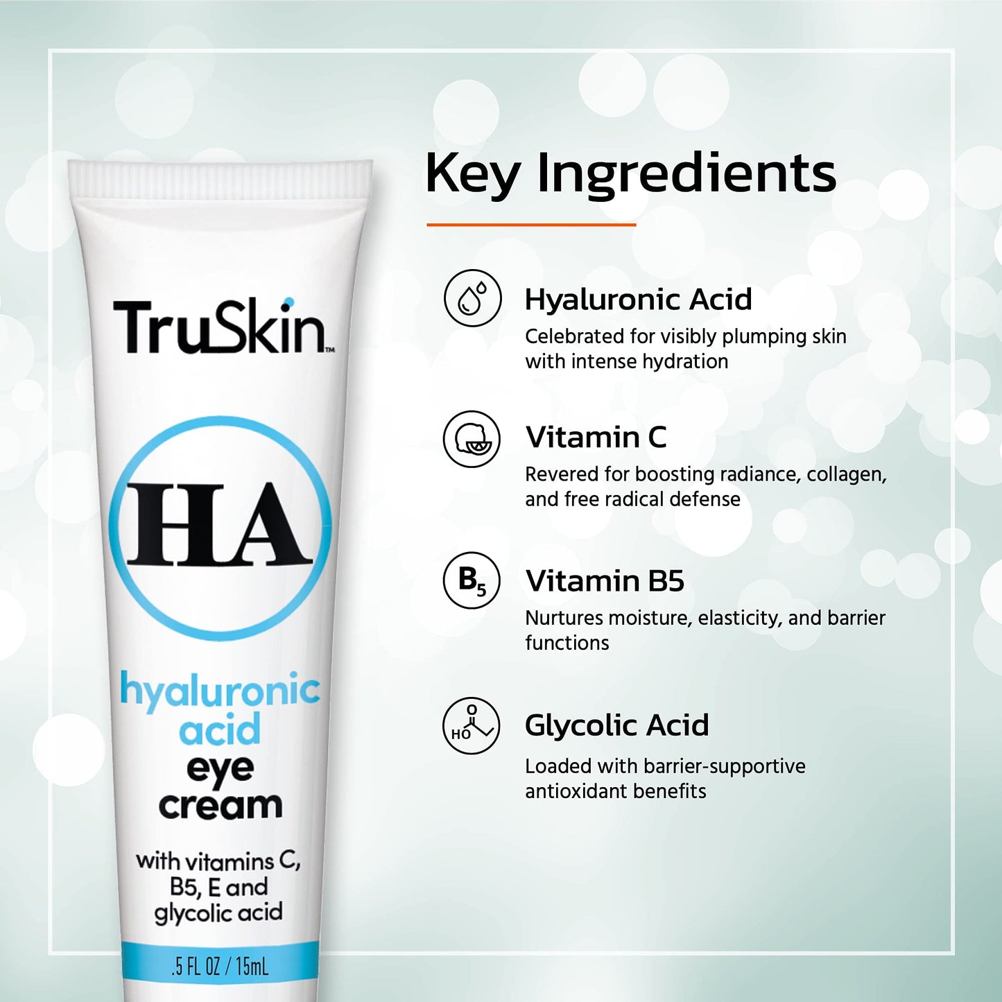 TruSkin Eye Cream for Dark Circles and Puffiness - With Hyaluronic Acid, Glycolic Acid, Vitamins C, B5 & E to Hydrate Delicate Under Eye Skin - Dark Circles Under Eye Cream for Women, 0.5 fl oz