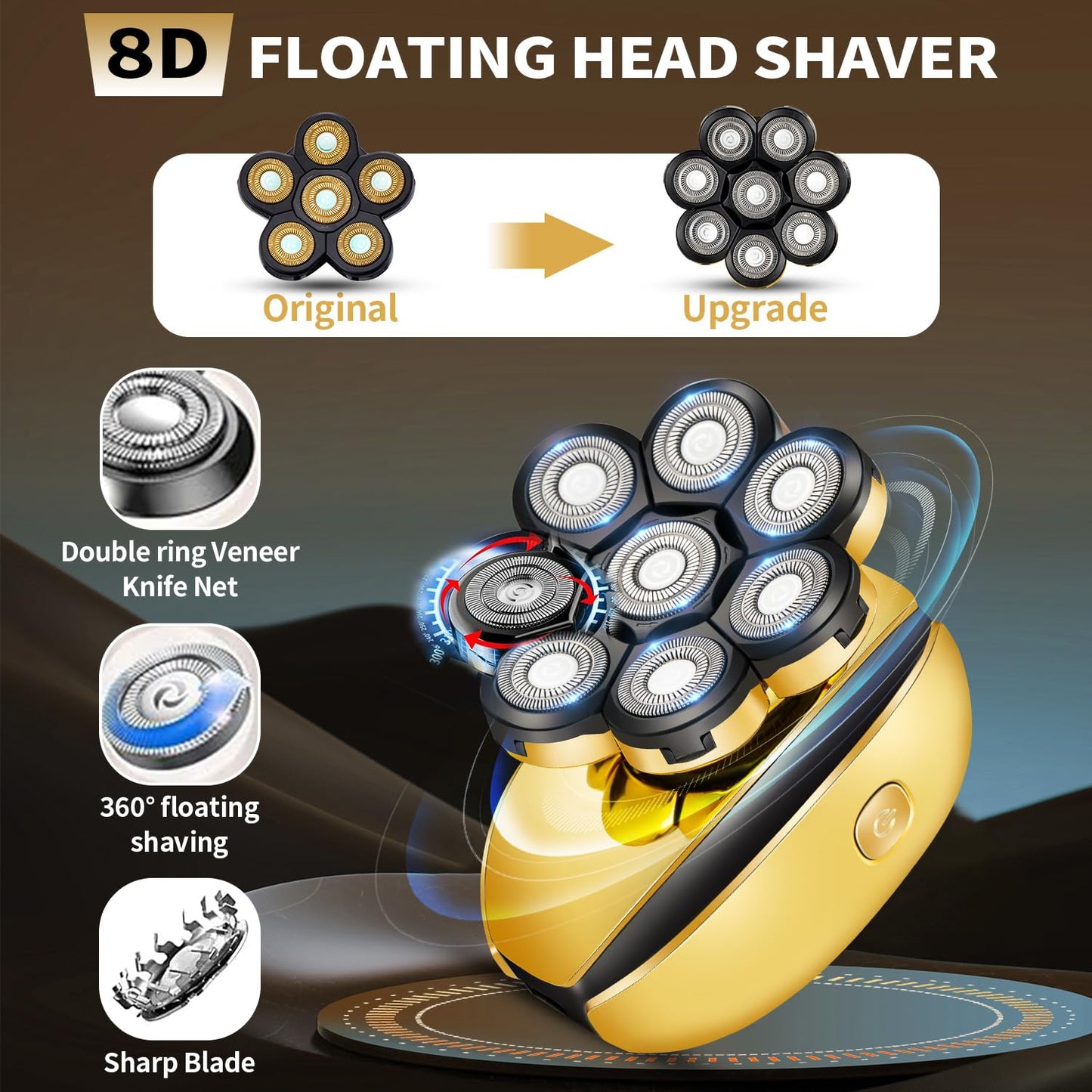 Head Shavers for Bald Men Upgraded 5 in 1 Electric Shavers for Bald Head Cordless Head Razors with Nose & Ear Trimmer Waterproof Wet Dry Mens 8 Heads Electric Razor for Shaving