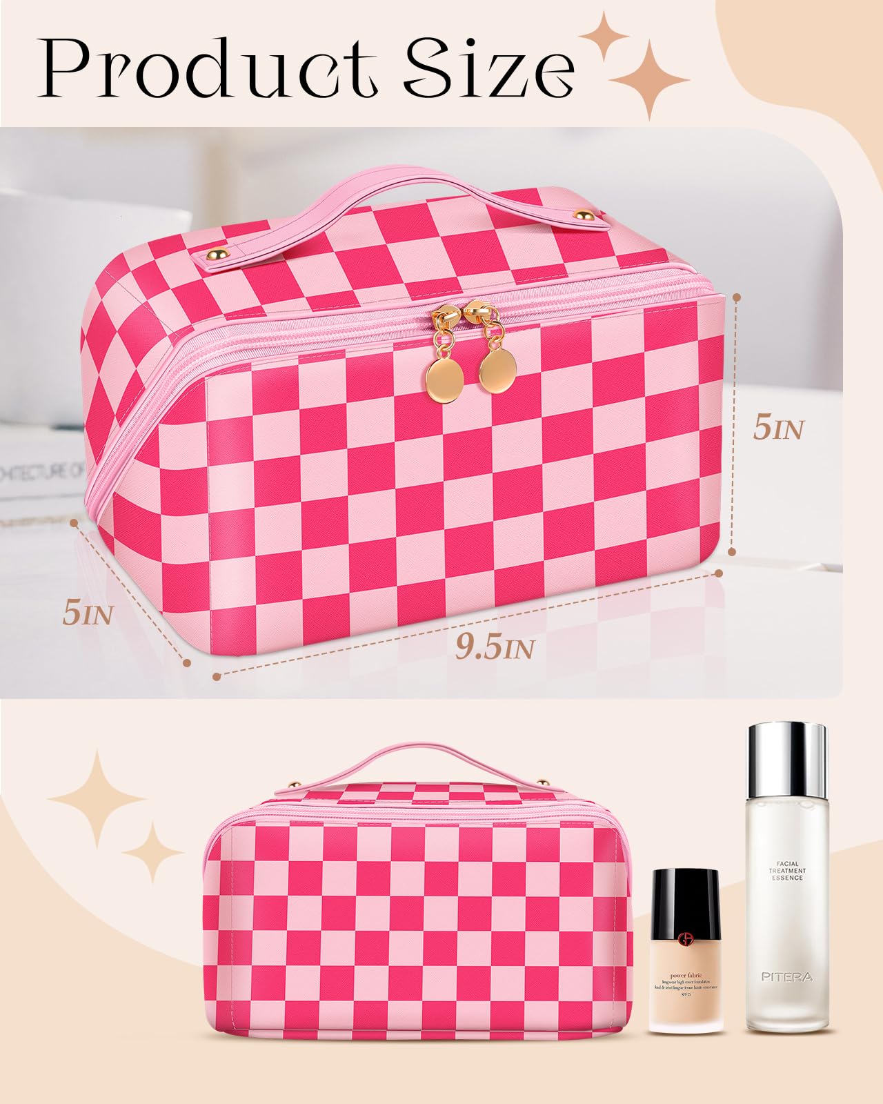 Bistup Makeup Bag Travel Cosmetic Bag Toiletry Make Up Bags Cute Women Large Capacity Big Medium Leather Checkered Plaid Hotpink Aesthetic Girl Teen Teenage Square Foldable Expandable Open Flat Zip