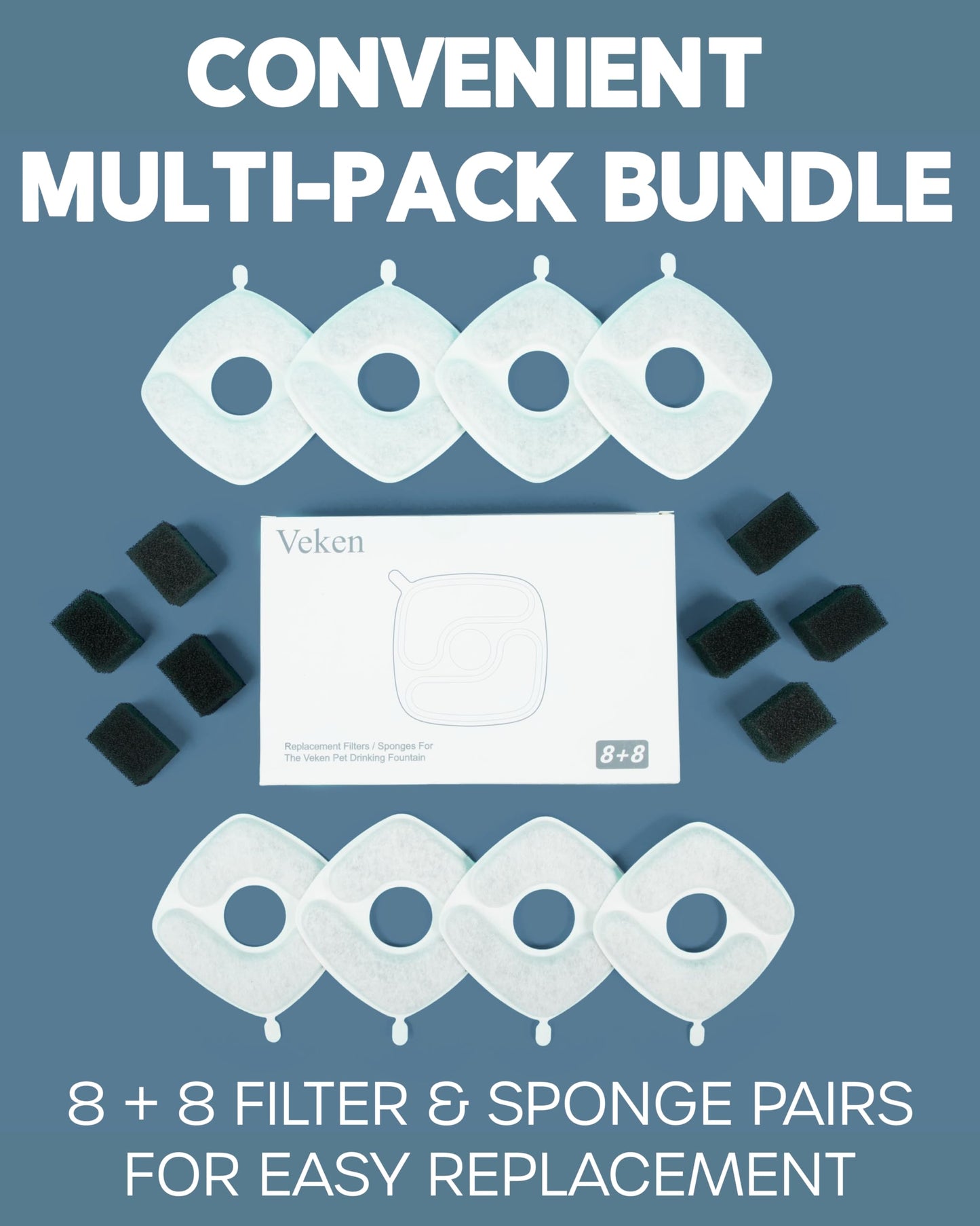 Veken Cat Water Fountain Filters, 8 Pack Replacement Filters & 8 Pack Replacement Pre-Filter Sponges Set for 67oz, 95oz, 135oz Automatic Pet Fountain Dog Water Dispenser