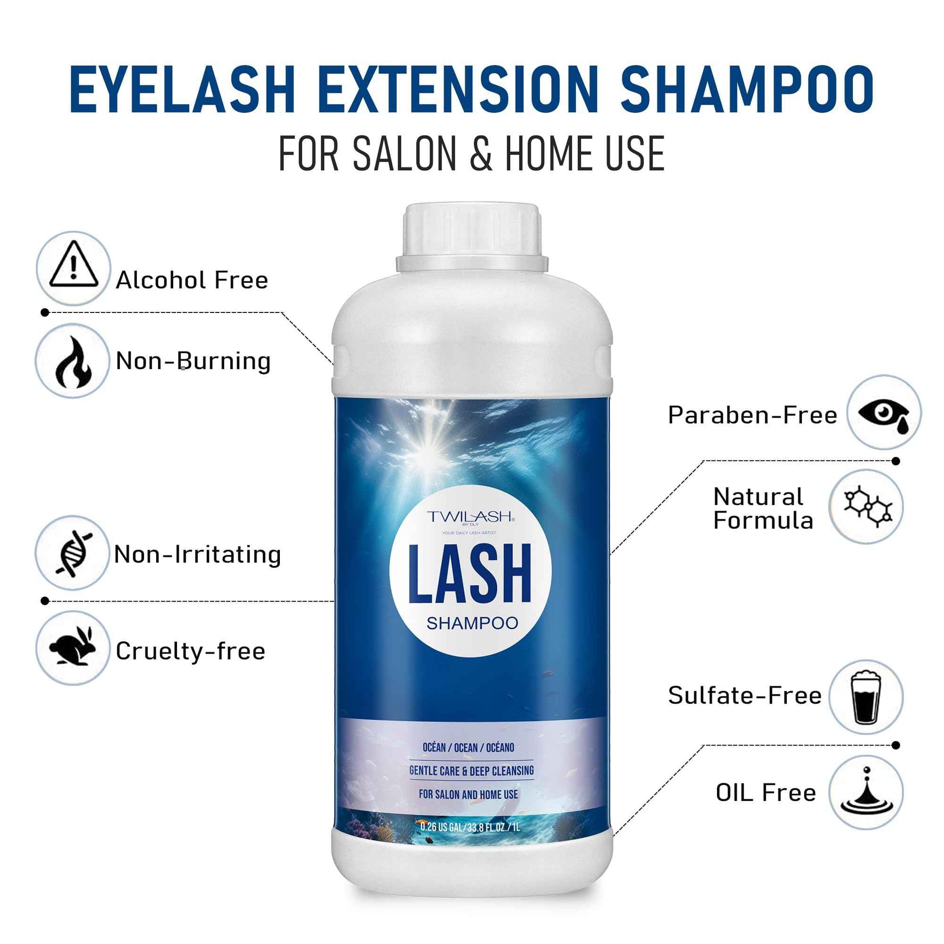 Lash Shampoo Bulk, Eyelash Cleanser for Extensions 1 Liters, Safe Makeup Remover, Non-irritating or Burning Formula Eyelid Foaming Cleanser for Professional Salon and Home Use (Ocean-1L)