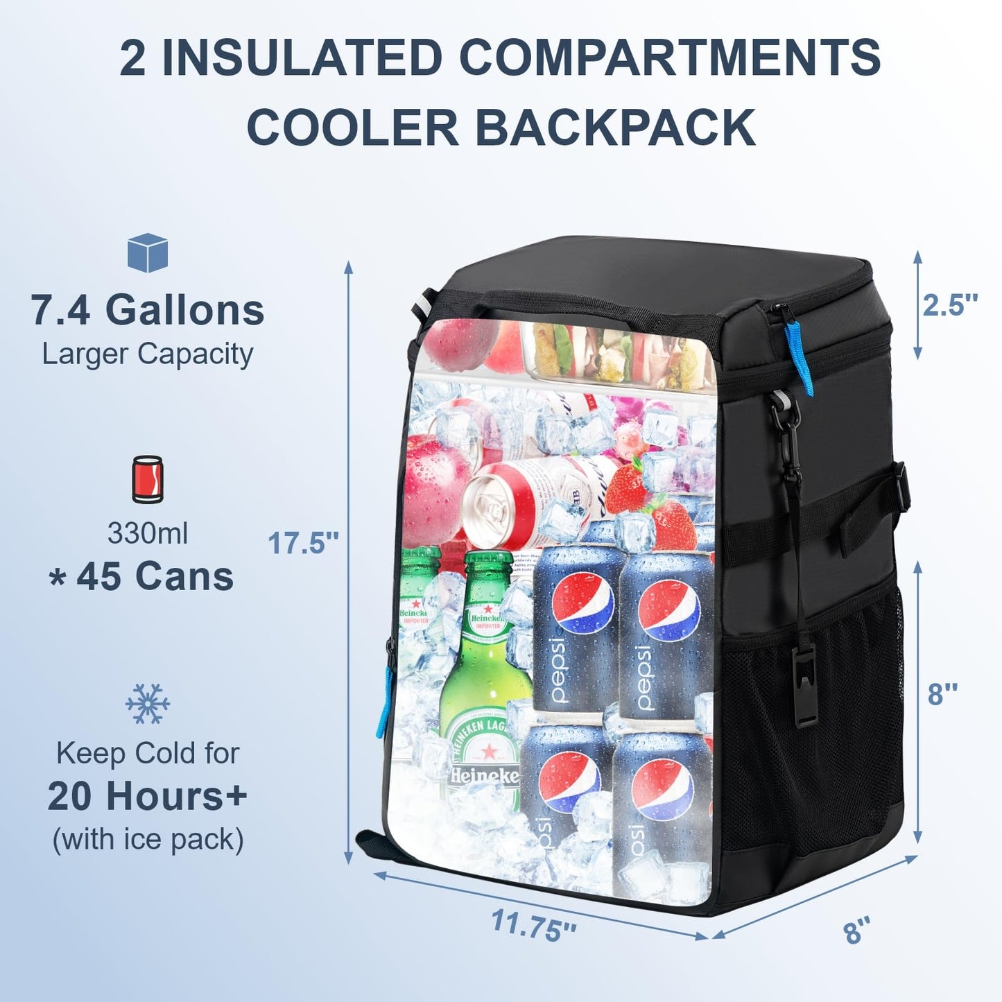 SPARTER Backpack Cooler Insulated Leak Proof 45 Cans, 2 Insulated Compartments Thermal Bag, Portable Lightweight Beach Travel Camping Lunch Backpack for Men and Women