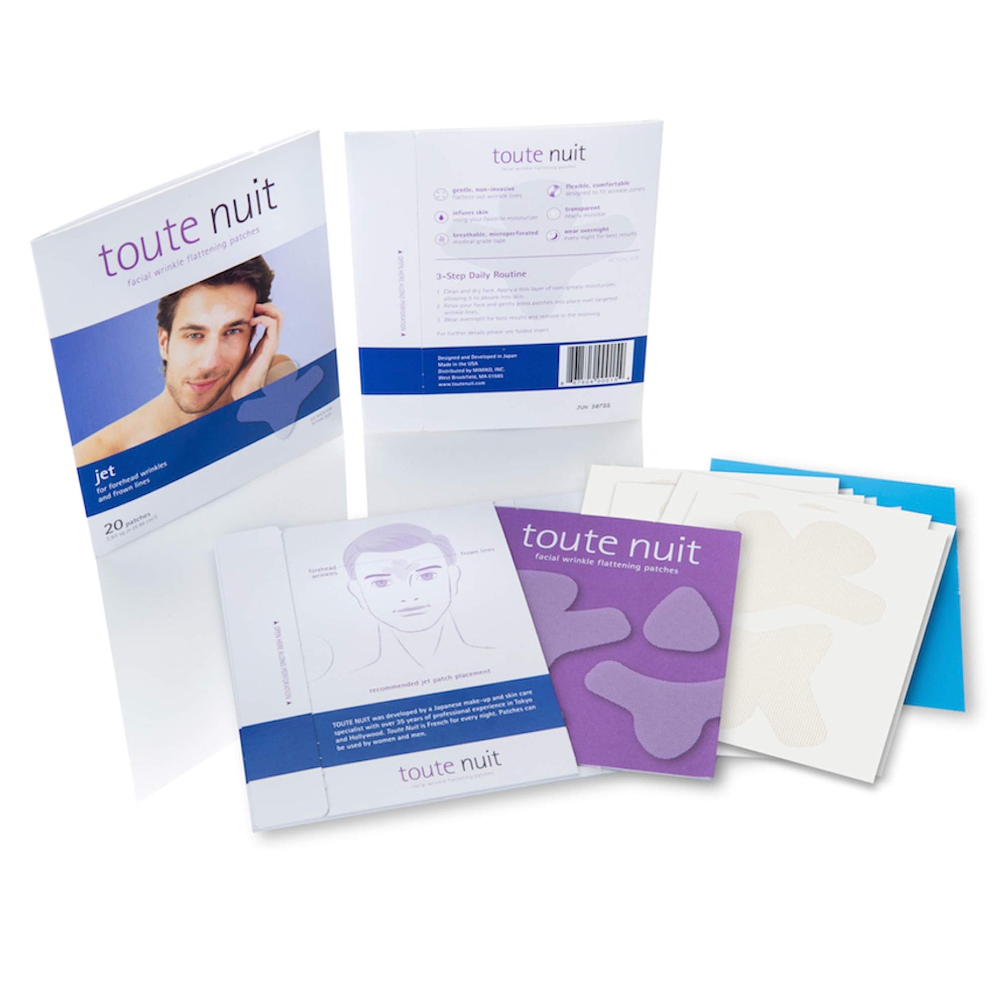 Toute Nuit Wrinkle Patches, Face Tape, Jet - Extra Large UNISEX Frown Lines Plus and Forehead - 20 Patches