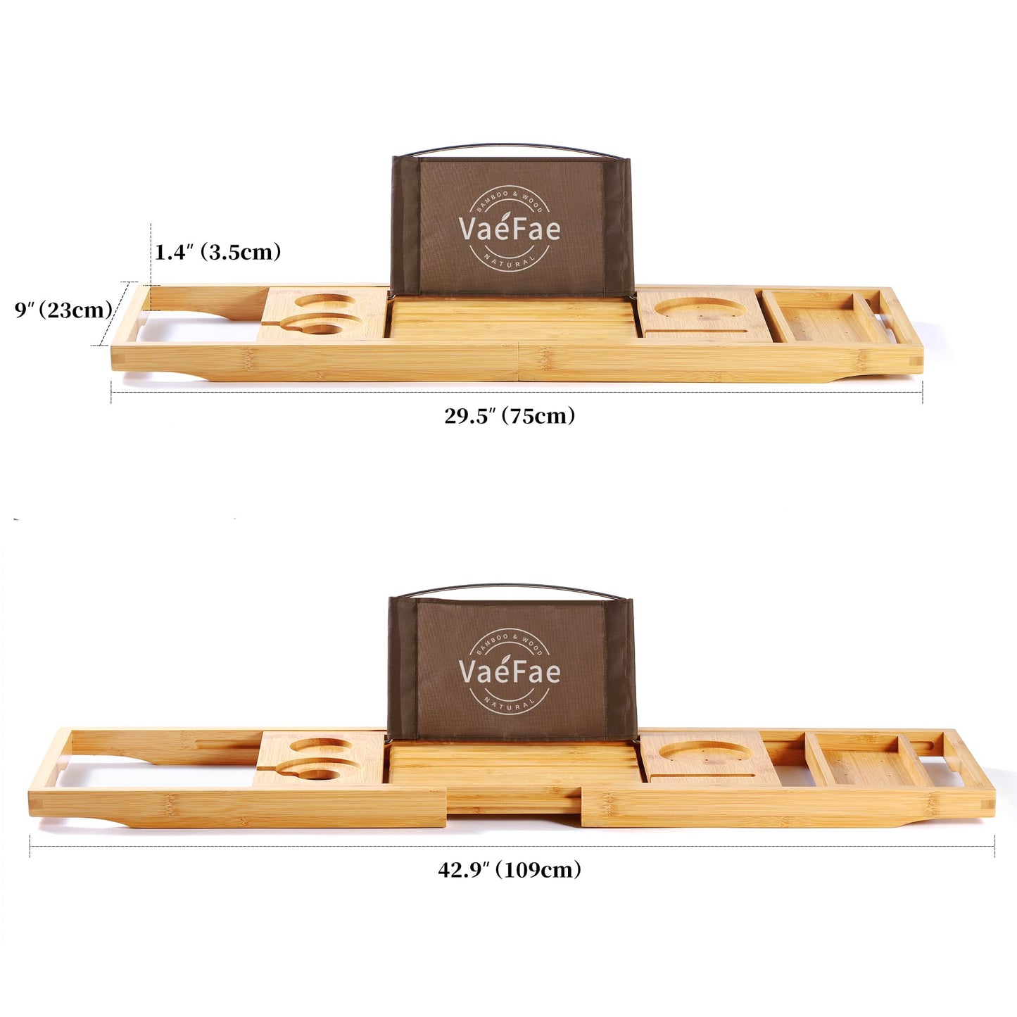 VaeFae Bamboo Bathtub Caddy Tray, Expandable Bath Tray for Tub with Upgraded Wine Slots and Book Holder - Ideal for One or Two Person Use