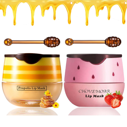 2 PCS Bee Lip Balm Honey Pot, Honey & Strawberry Lip Mask Vitamin E & Moisturizing Propolis Sleeping Lip Mask Prevention Dry and Cracked Lip Scrubs Exfoliator, Christmas Gifts