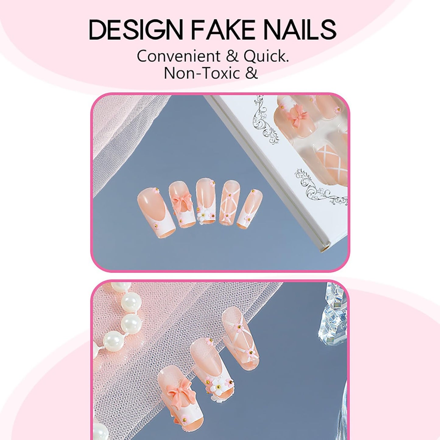 24 Pcs Long Press on Nails White French Tips Fake Nails Bow Bandage Floral Full Cover Nails Tips Square False Nails with Charms Nail Decorations Glossy Acrylic Nails for Women Girls