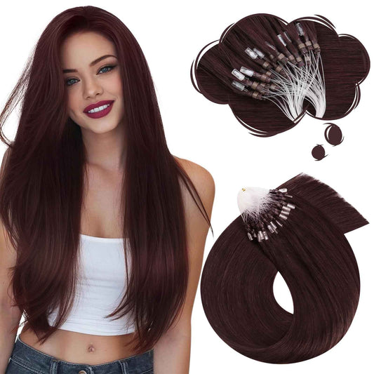 Moresoo Micro Link Hair Extensions Human Hair Dark Burgundy Micro Loop Hair Extensions Human Hair Add Length for Any Occasions 50S/50G 18 Inch