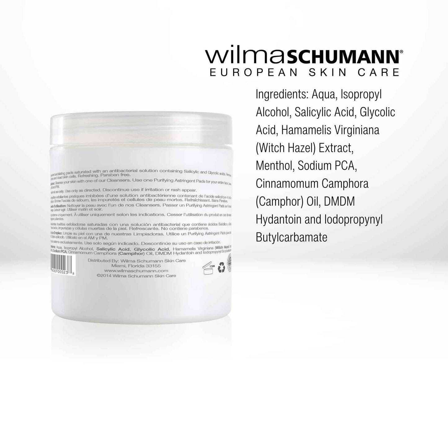 Wilma Schumann Purifying Astringent Pads for Face, Skin Exfoliating Pads with Salicylic Acid, Pack of 60