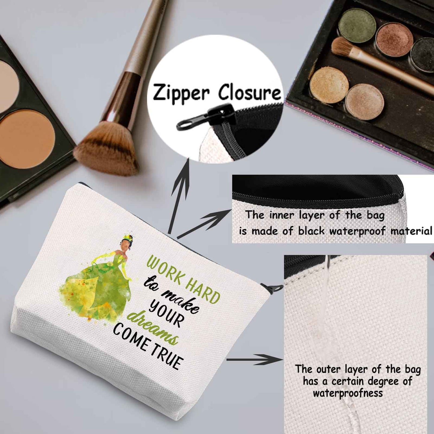 TSOTMO Tiana Gift Princess Gifts Cartoon Movie Merchandise Gift For Movie Fans Movie Quotes Inspirational Makeup Bag For Women Girls (WORK HARD)
