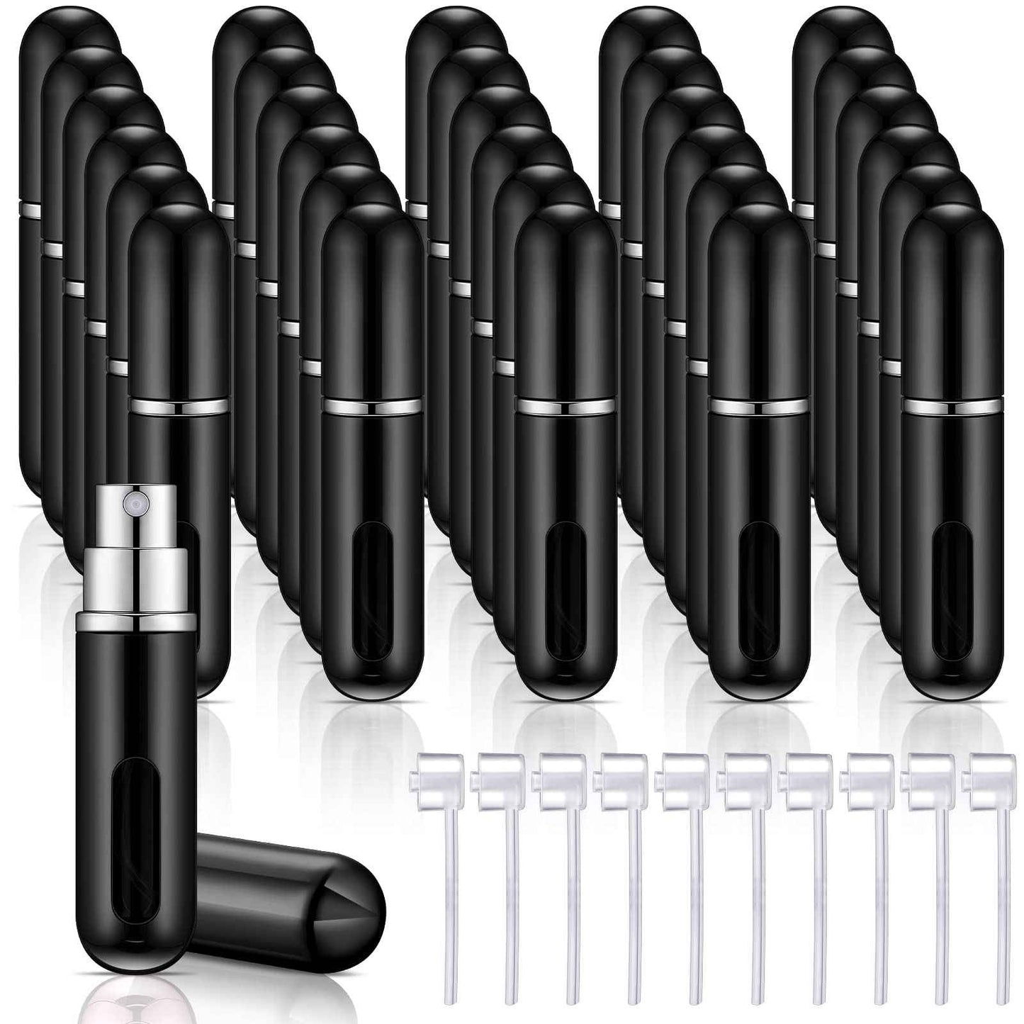 Bright Black Refillable Perfume Atomizer - 5 ml Mini Spray Bottle with 10 Dispenser Pumps - Travel Perfume Bottle Case