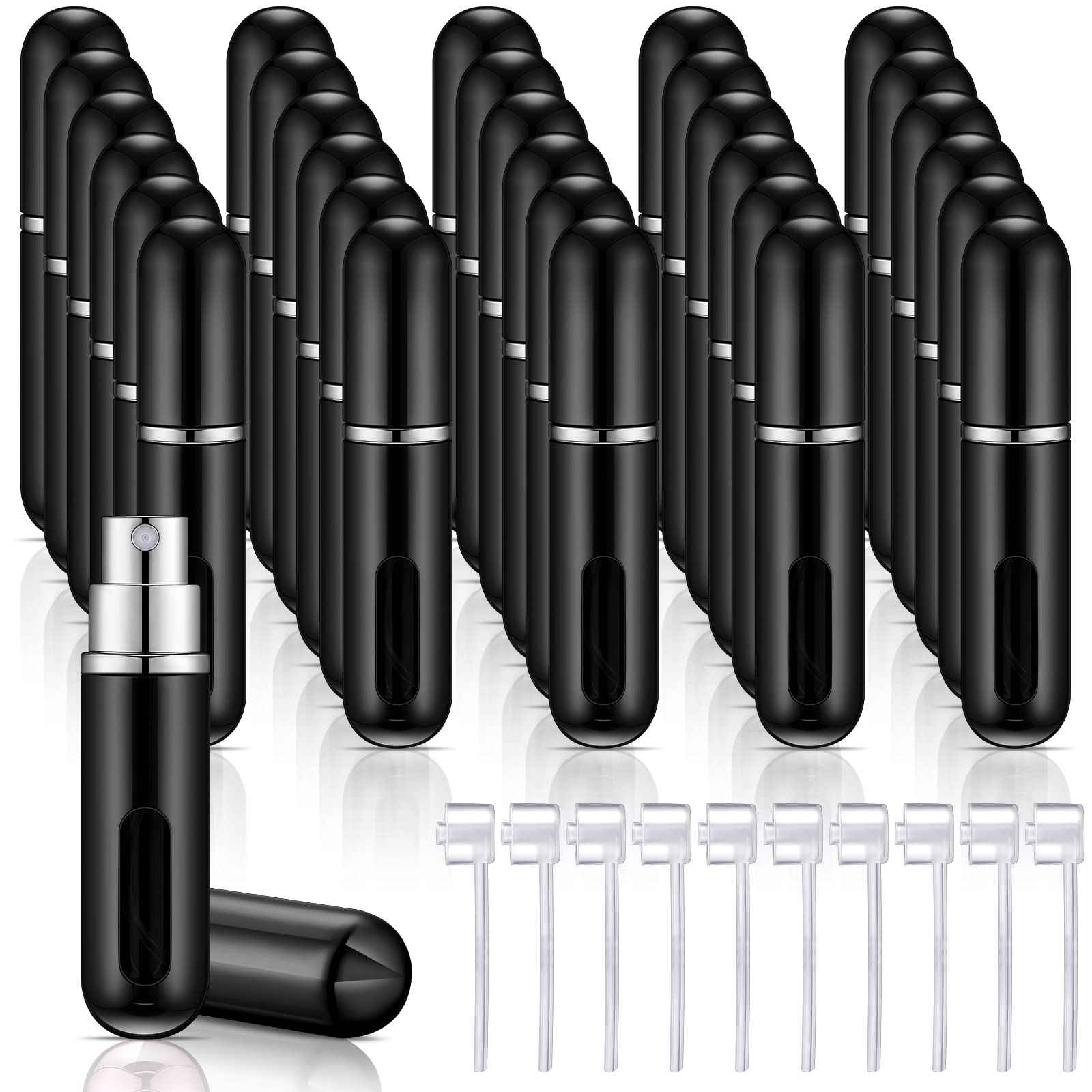 Bright Black Refillable Perfume Atomizer - 5 ml Mini Spray Bottle with 10 Dispenser Pumps - Travel Perfume Bottle Case