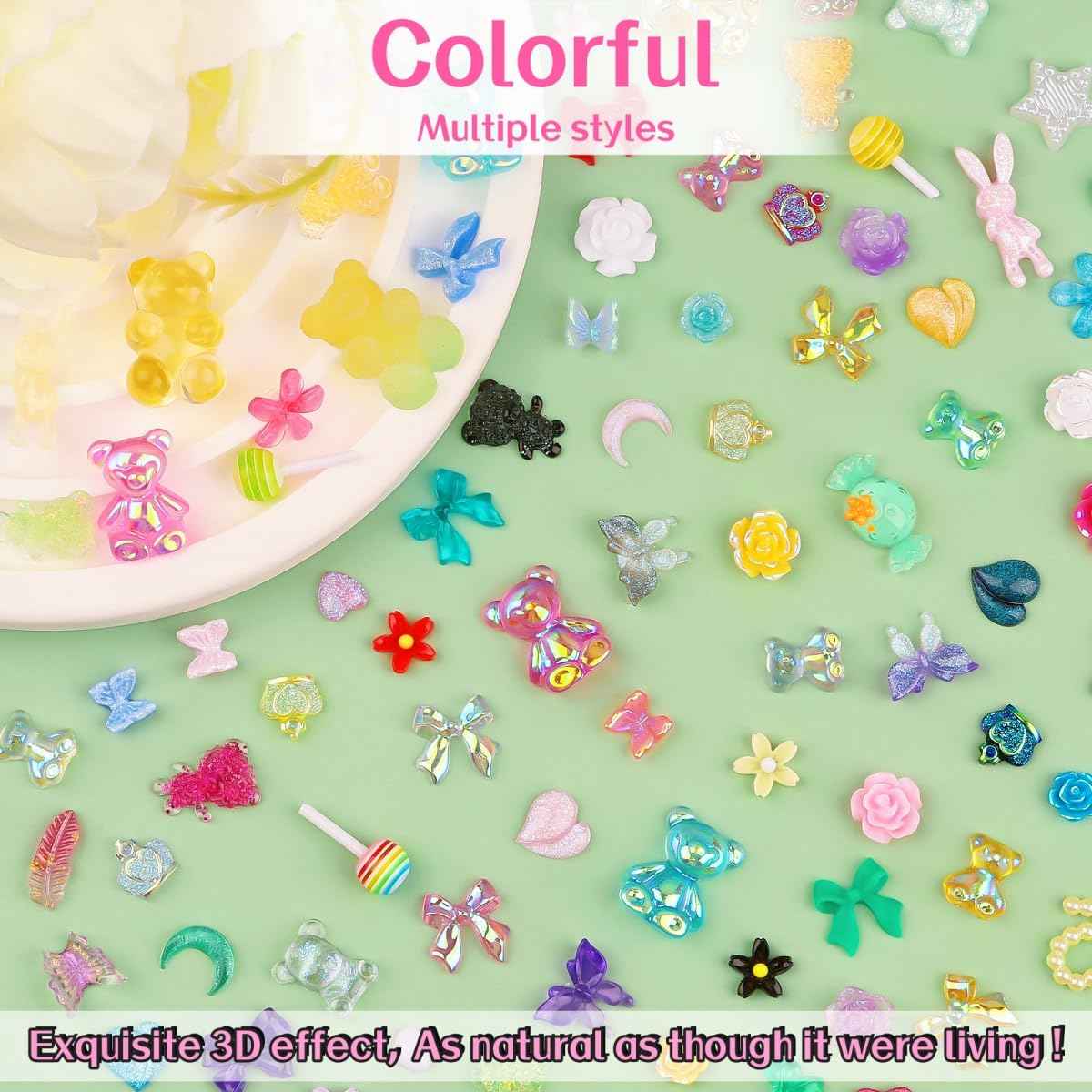 Sinyanail 3D Resin Nail Charms Mix Rabbit Flower Bear Bowknot Nail Accessories Gummy Star Heart Lollipop Acrylic Hollow Heart Beads for Women's Manicure Making DIY Crafts(18 Charms)