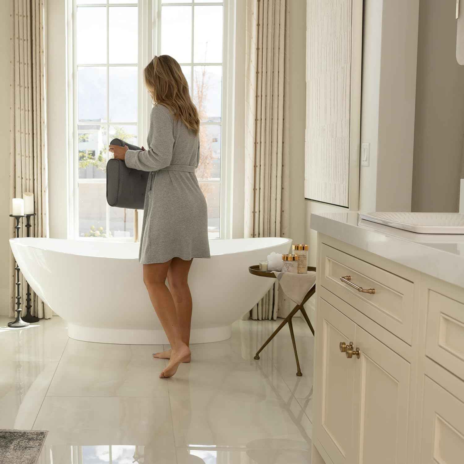 SunSerenity Luxury Bath Pillow for Tub - Relaxing Bath Tub Accessory – Bath Tub Pillow for Head and Back, Unscented Candle, Sponge Loofah, Laundry Bag, & Suction Tool – Grey on Grey