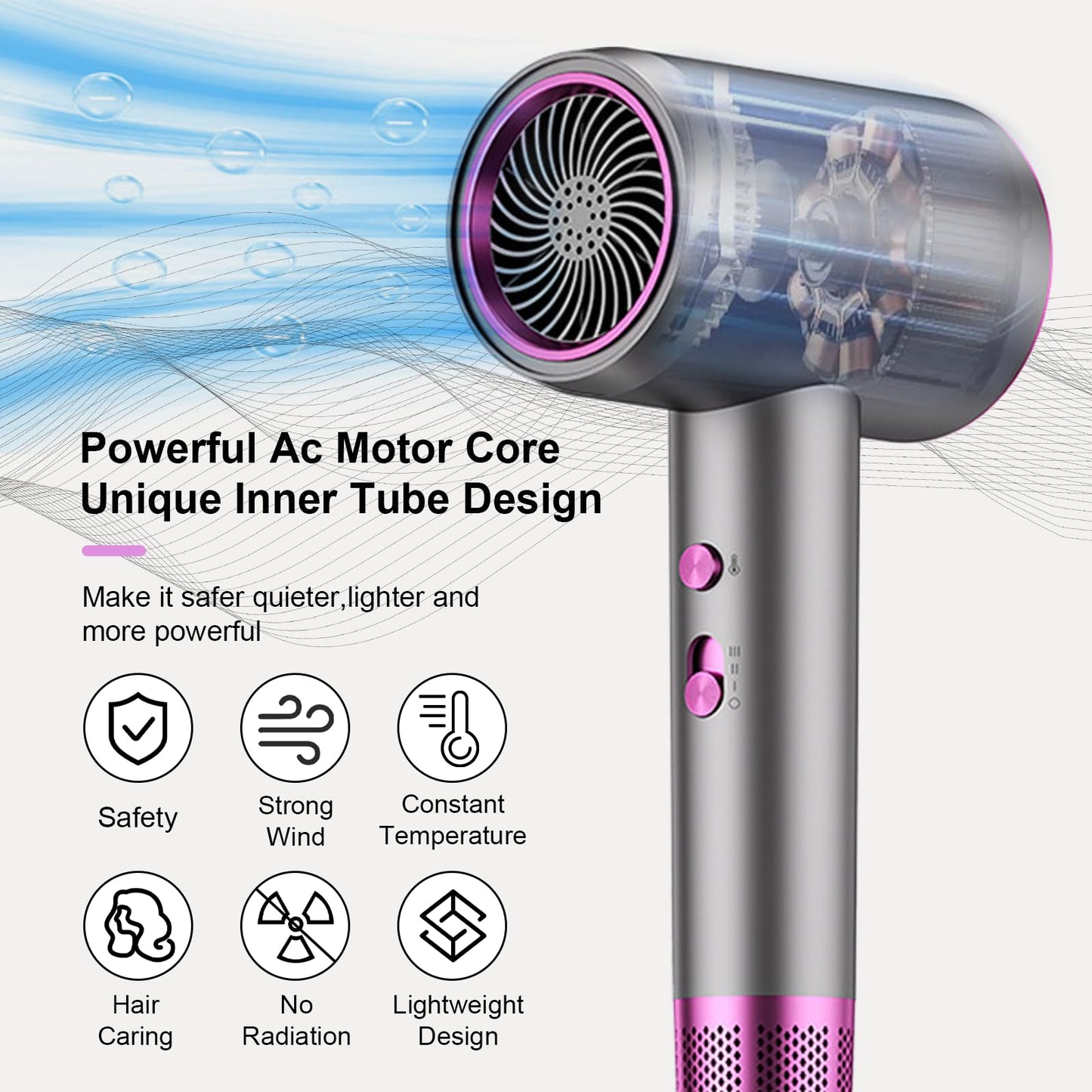 Hair Dryer with Diffuser-Professional Ionic Hair Dryer, Powerful 1875W Fast Drying Low Noise Blow Dryer with 1 Concentrator Nozzle 1 Diffuser Attachments for Home Salon Travel,Gifts for Wife/Mom/Women