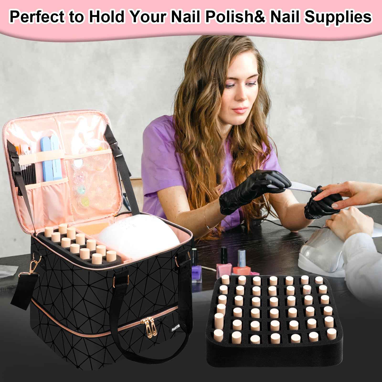 Partreko Large Nail Polish Organizer Fits 54 Bottles (15ml-0.5 fl.oz)& Nail Lamp, Double Layer Nail Supplies Organizer Bag with Holder Strip, PU Leather Nail Kit Storage Travel Case for Women (Black)