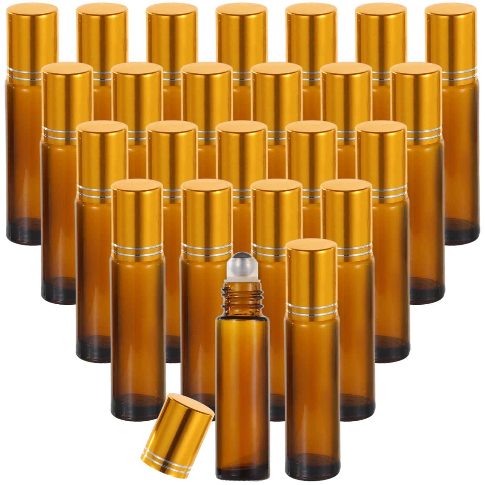 100 PCS 10 ml Amber Roller Bottles for Essential Oils - Empty Brown Glass Bottle, Refillable Roll on, Portable Travel Perfume Leakproof With Stainless Steel Ball