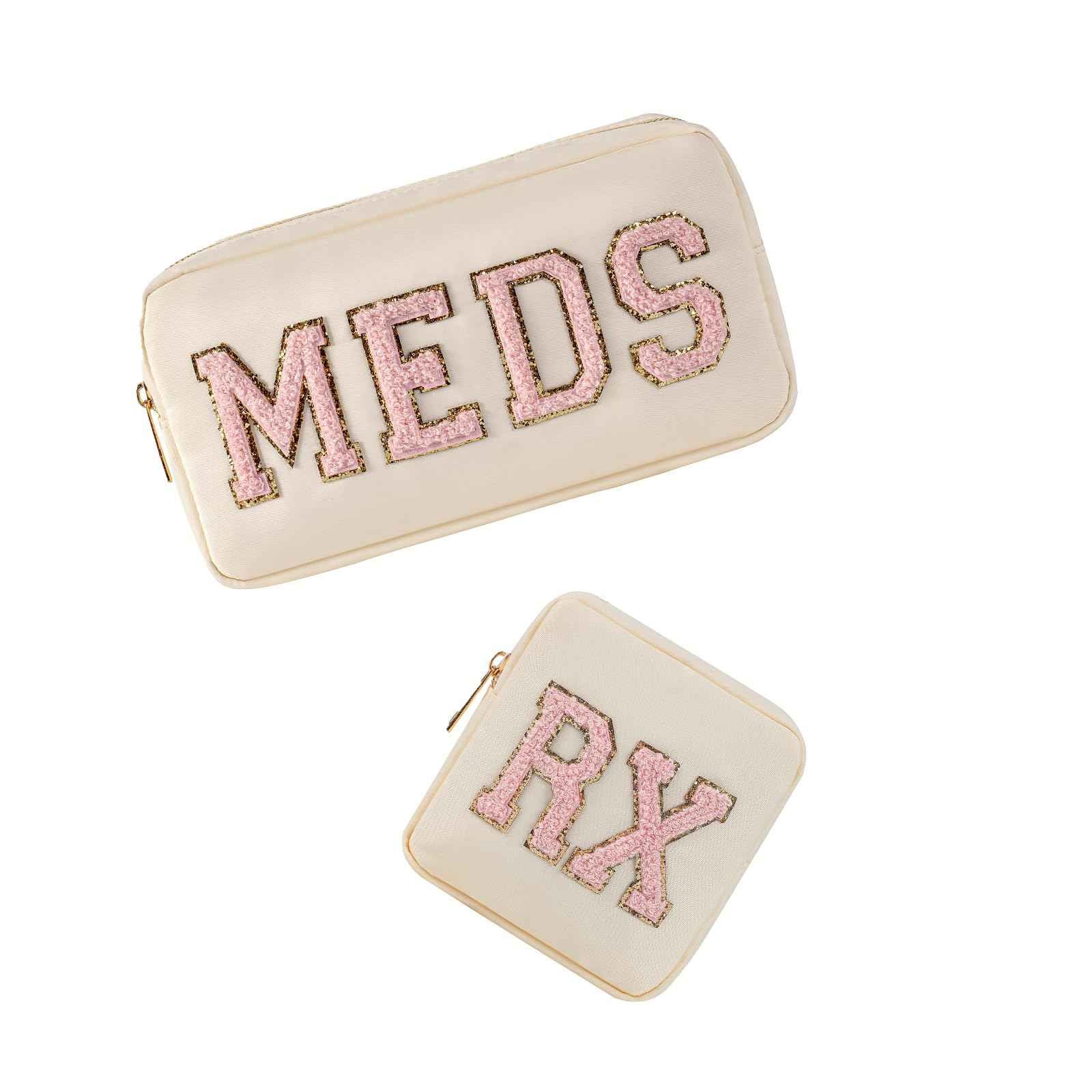 2pcs Personalized Chenille Letter Patch MEDS and RX Bags Set,Cute Nylon Drug Medicine Travel Makeup Bag with Zipper, Preppy Vitamin Organizer Bag for Women and Girls (RX+MEDS Beige)