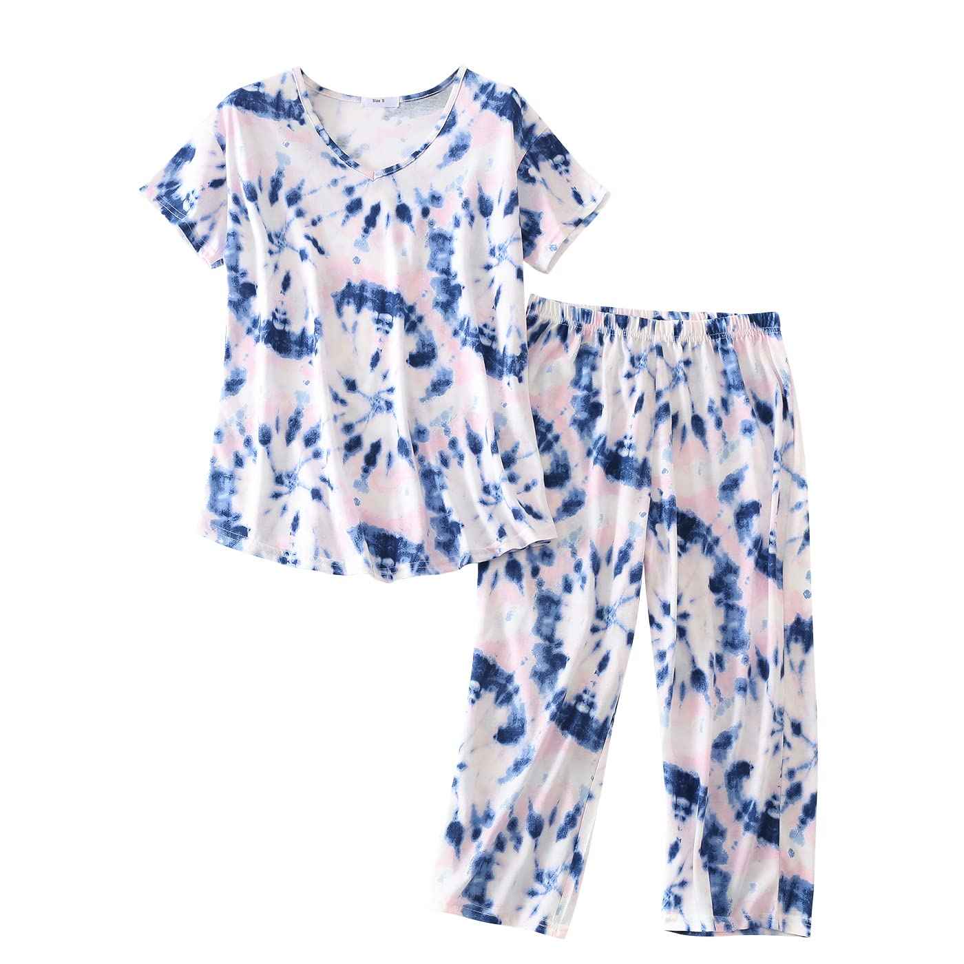 PNAEONG Women Pajama Set Sleepwear Tops with Capri Pants Casual and Fun Prints Pajama Sets Pink Blue 2XL