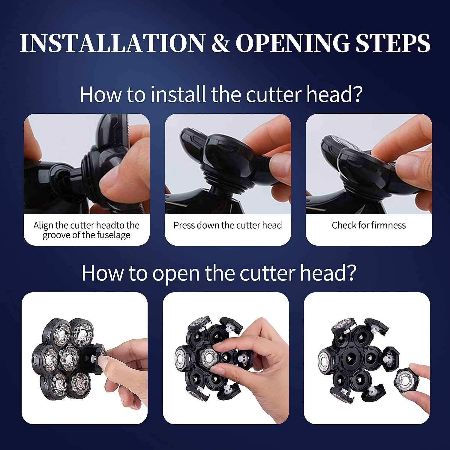 Roziapro Upgrade 7D Freedom Head Shaver Replacement Blades Electric Shaver Replacement Head Shavers for Bald Men Replaceable Head Waterproof Blades for Men 5 in 1 Bald Head Replacement Blades (Gray)