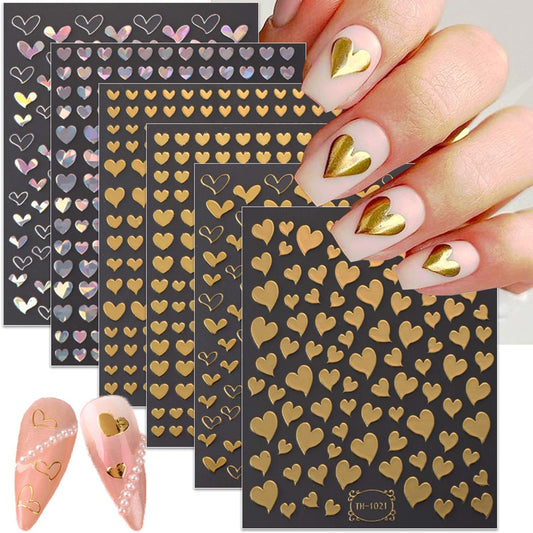 6 Sheets Valentine's Day Nail Art Stickers Heart Nail Stickers Self-Adhesive Metal Gold Silver Pink Bronzing Heart Charm Nail Stickers for Acrylic Nail Tips Design False Nail Supplies for Women