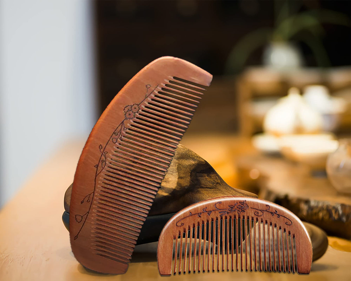 MURTYINL Wooden Hair Combs Fine Tooth Sandalwood Hair Brush Anti-Static Handmade Carved Pattern Pocket-Sized Travel Beard Comb Gift for Women Men Kids with Storage Bags