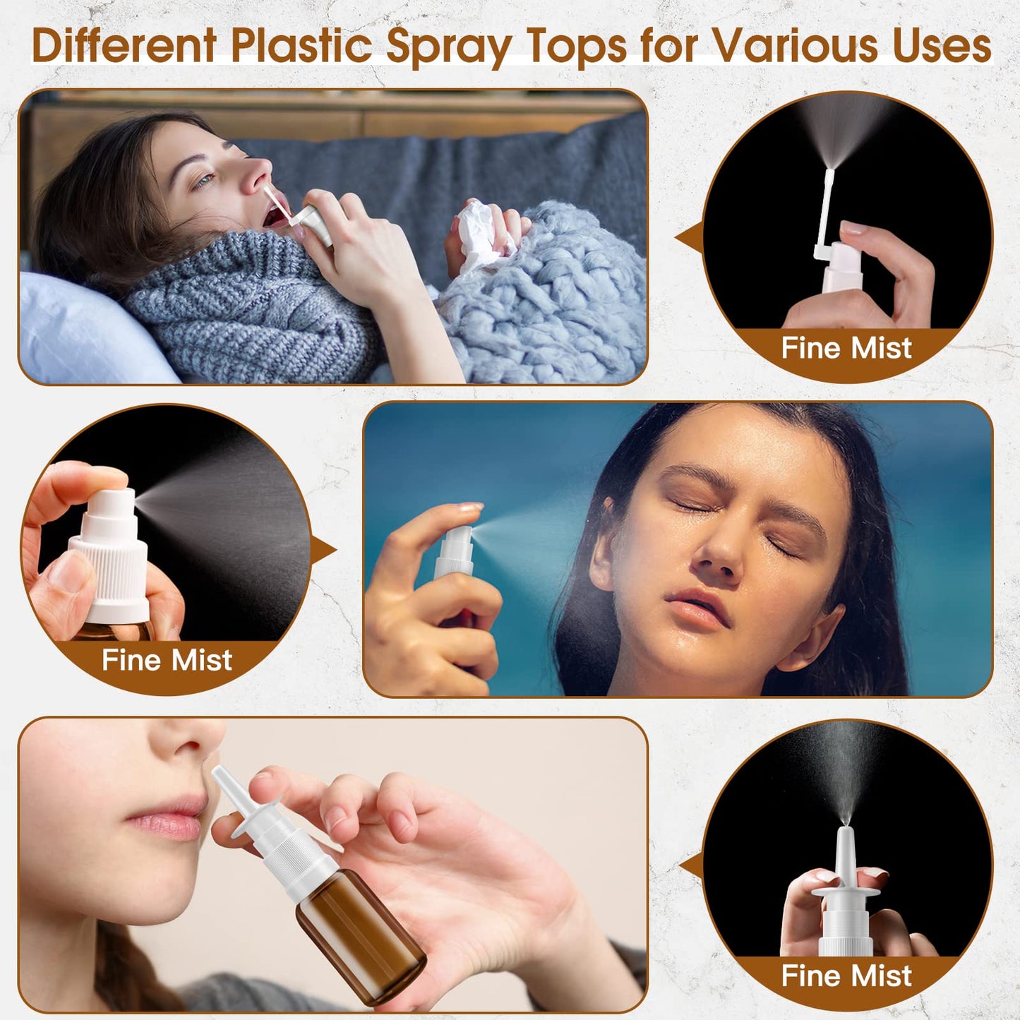 YAKESD Nasal Spray Bottle, 6 Pcs 30ML/1oz Glass Amber Refillable Fine Mist Sprayers Atomizers, Small Empty Nasal Sprayer with Oils Spray Tops, Oral/Swivel Sprayers, Funnels and Labels