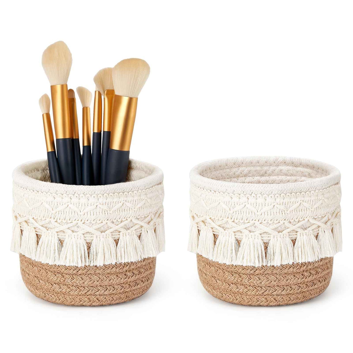 Mkono Macrame Makeup Brush Holder Organizer Comb Brushes Mini Storage Basket Set of 2 Boho Decor Baskets for Pen Pencil Box Container,Yellow and White
