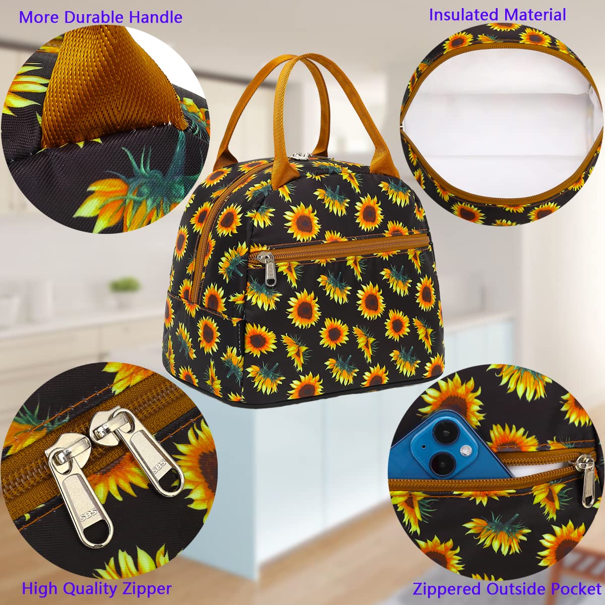 FlowFly Insulated Reusable Lunch Bag Adult Large Lunch Box Lunch Tote for Women and Men,With Front Pocket,SunFlower