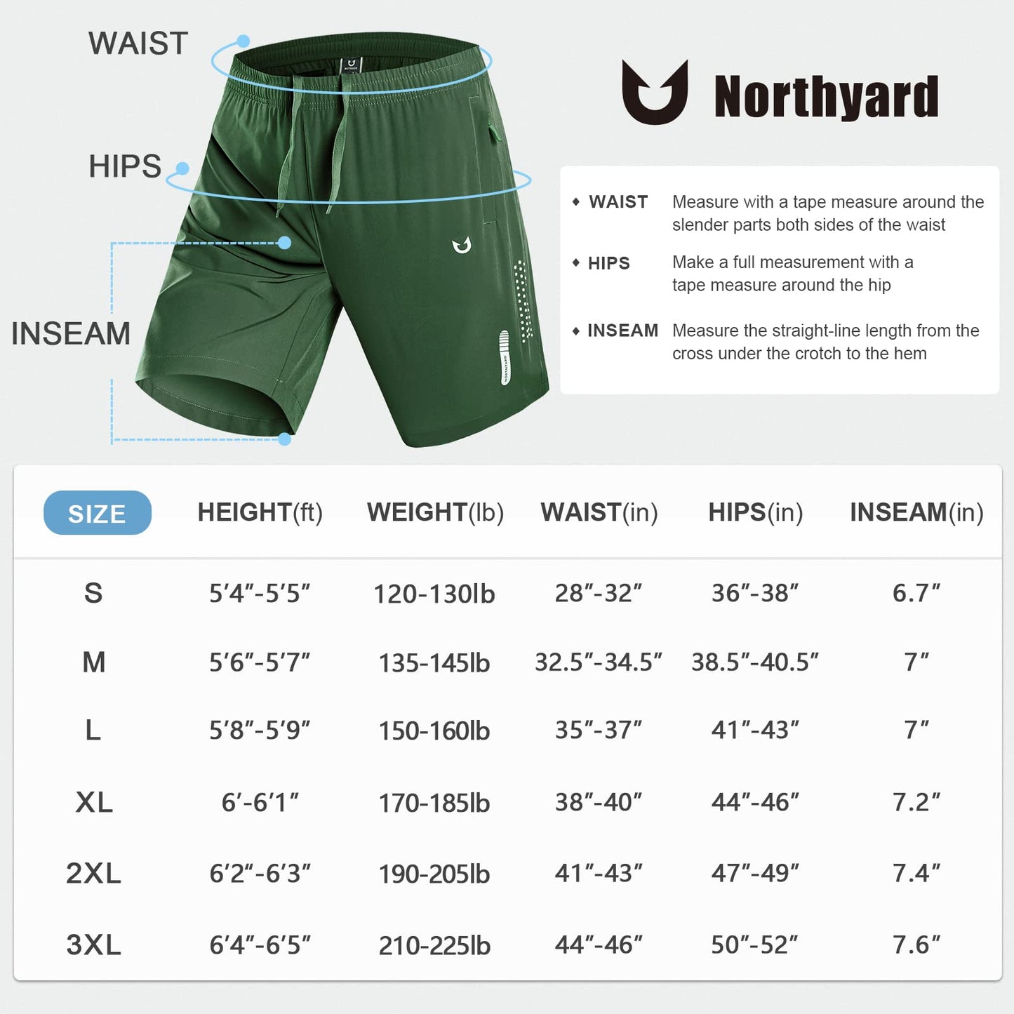 NORTHYARD Men's Athletic Running Shorts Quick Dry Workout Shorts 7"/ 5"/ 9" Lightweight Sports Gym Basketball Shorts Hiking Exercise Green S