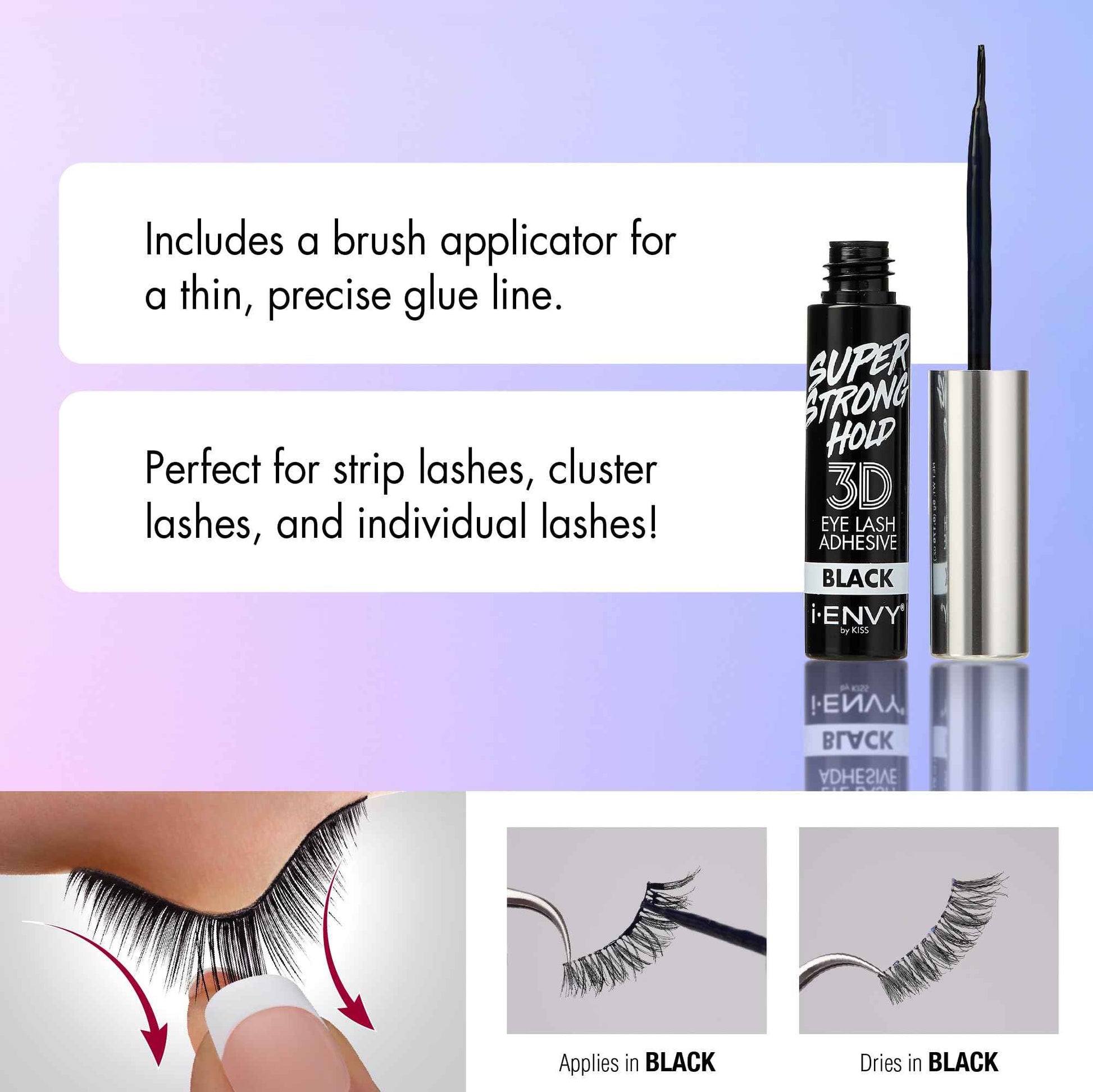 i Envy by Kiss 3D Lash Glue Super Strong Hold (Black) Brush On Type, Formaldehyde Free, Latex Free