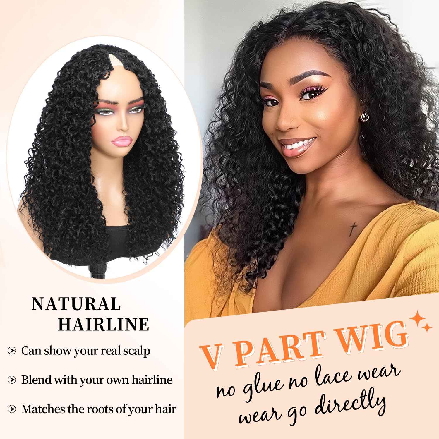 HUA 14 Inch Curly V Part Wig Human Hair Mixed Synthetic Upgrade U Part Human Hair Wig for Black Women Daily Use Glueless V Shape Wigs Afro Curly Wigs 180% Density Natural Black Color