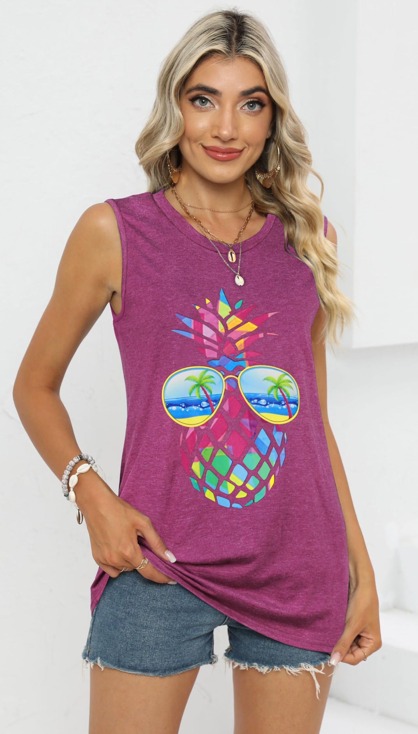 Womens Summer Tops Sleeveless Tank Top Crew Neck Loose Fit Tunic Shirts Blouse (Purple Pineapple, S)