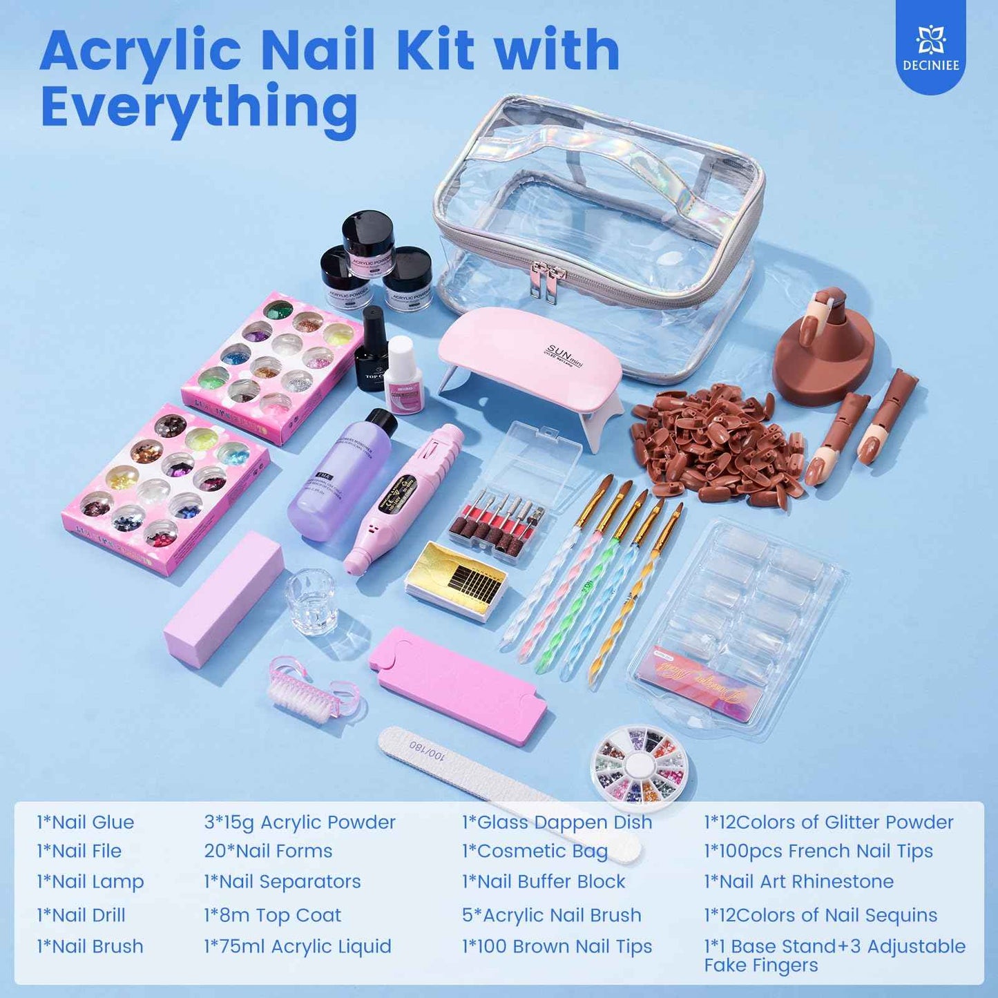 Nail Kit for Beginners with Everything: Professional Nail Acrylic Powder Liquid Set with Practice Finger Drill U V Light in Makeup Bag for Women Salon Home (Silver)