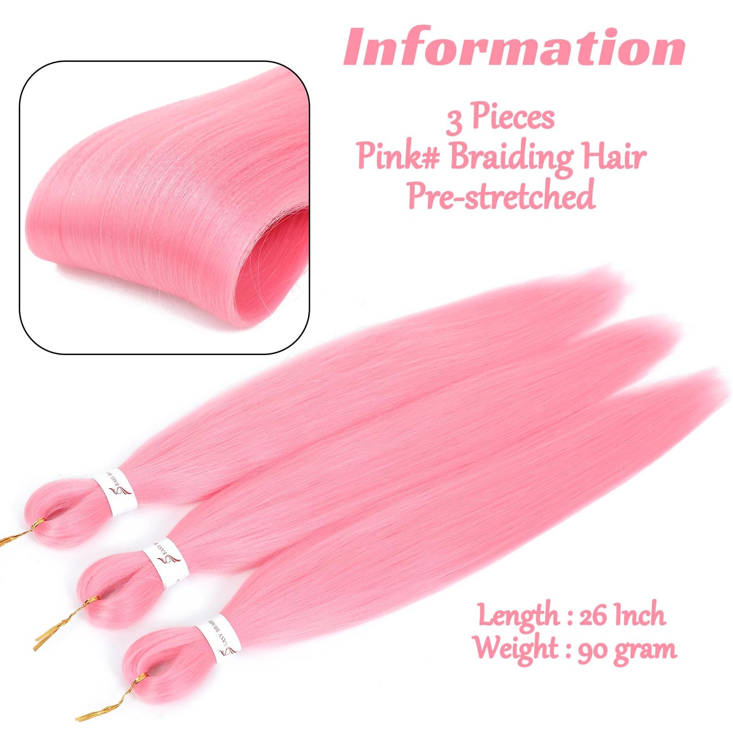 Royota Pink Braiding Hair Pre stretched 26 inch 3 Pieces Easy Braid Prestretched Colored Soft Yaki Pink Knotless Hair Extensions for Box Crochet Braids (Pink,26inch)