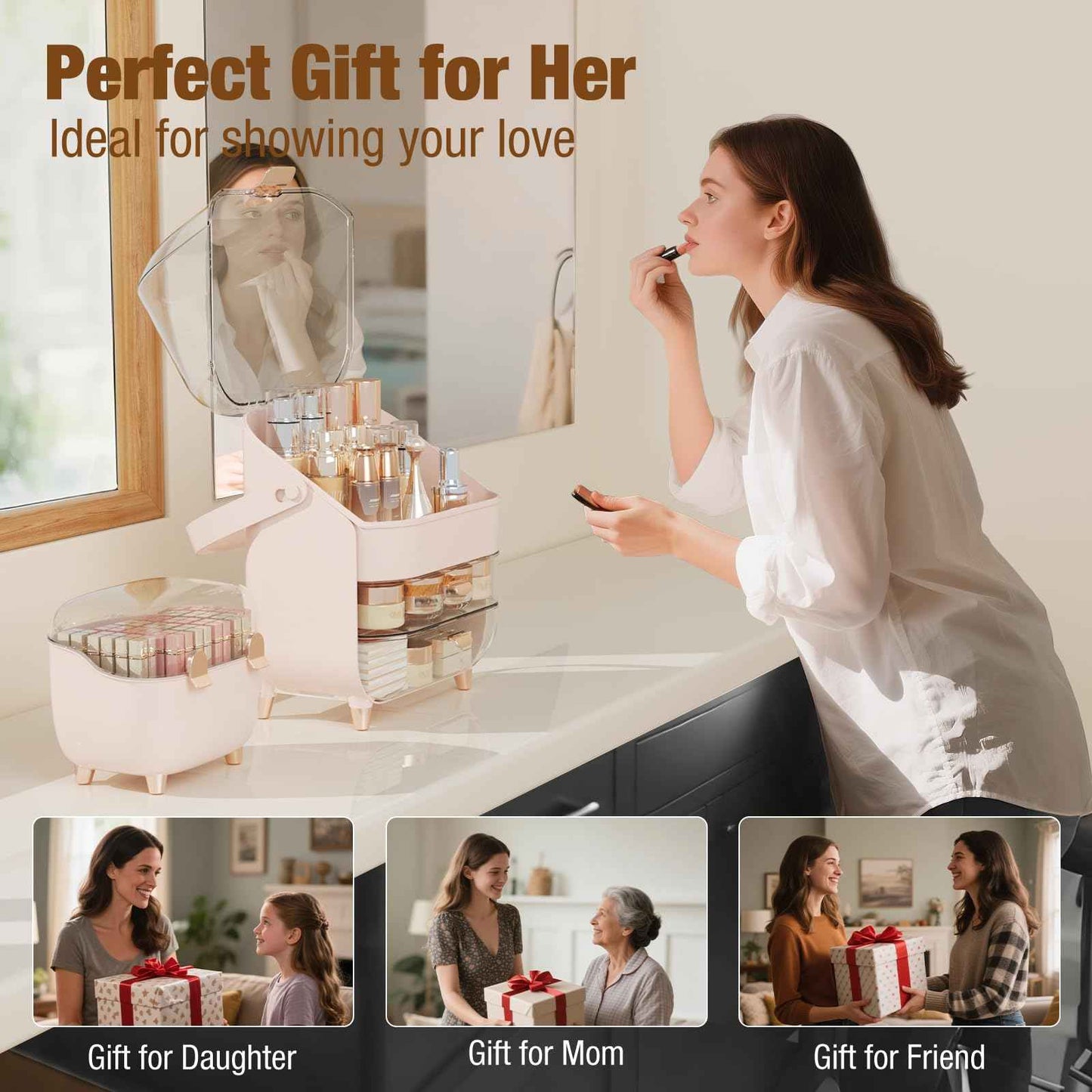 CLBDRESS Makeup Organizer Countertop, Skincare Organizers for Vanity, Storage Box with Lipstick, Large Cosmetic Display Cases for Bathroom, Teen Girl Gifts Make up Organizers for Dresser (Rose Pink)