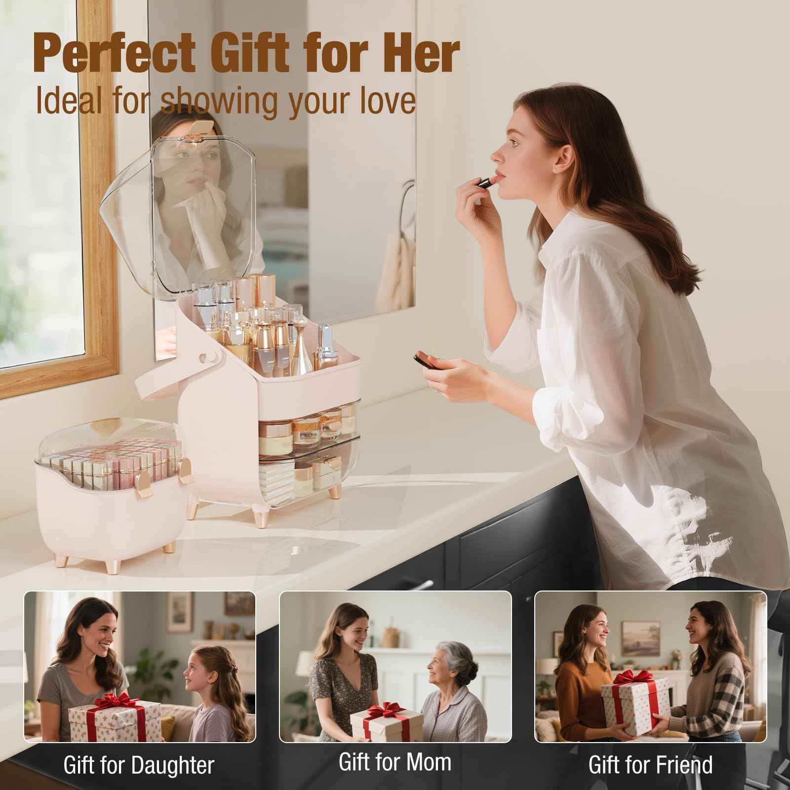 CLBDRESS Makeup Organizer Countertop, Skincare Organizers for Vanity, Storage Box with Lipstick, Large Cosmetic Display Cases for Bathroom, Teen Girl Gifts Make up Organizers for Dresser (Rose Pink)