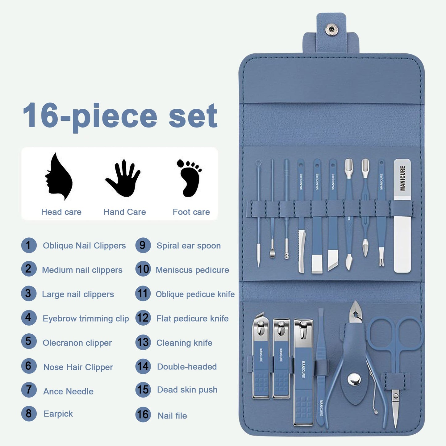 Nail Kit, Nail Clippers, Foot Spa, Foot Scrubber, Pedicure Kit, Foot Bath, Manicure Set, Cute 16 Piece Set, Gift Idea (Blue)