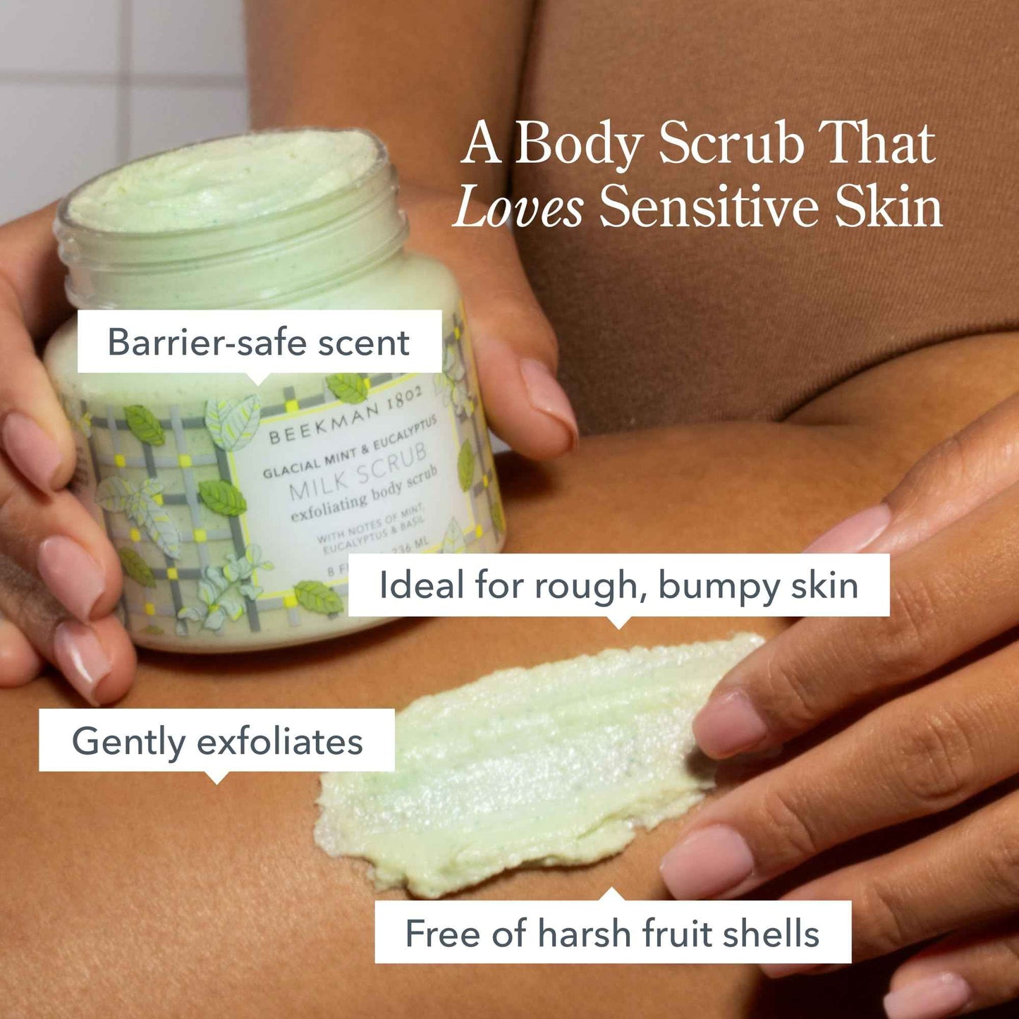 Beekman 1802 Glacial Mint & Eucalyptus Exfoliating Milk Body Scrub - 8.0 fl oz - Smooths & Evens Out Tone - With Goat Milk & Jojoba Beads - Skin Barrier Safe - Good for Sensitive Skin - Cruelty Free