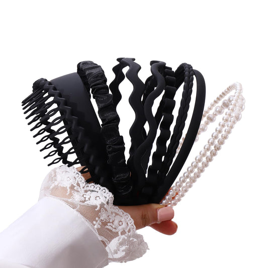 AUDTOPE 10Pcs Headbands for Women, Non Slip Plastic Headbands with Teeth Comb Hair Bands Pearl Headbands Pleated Headband Wide Thin Plastic Head Bands Hair Accessories for Women Girls, Black