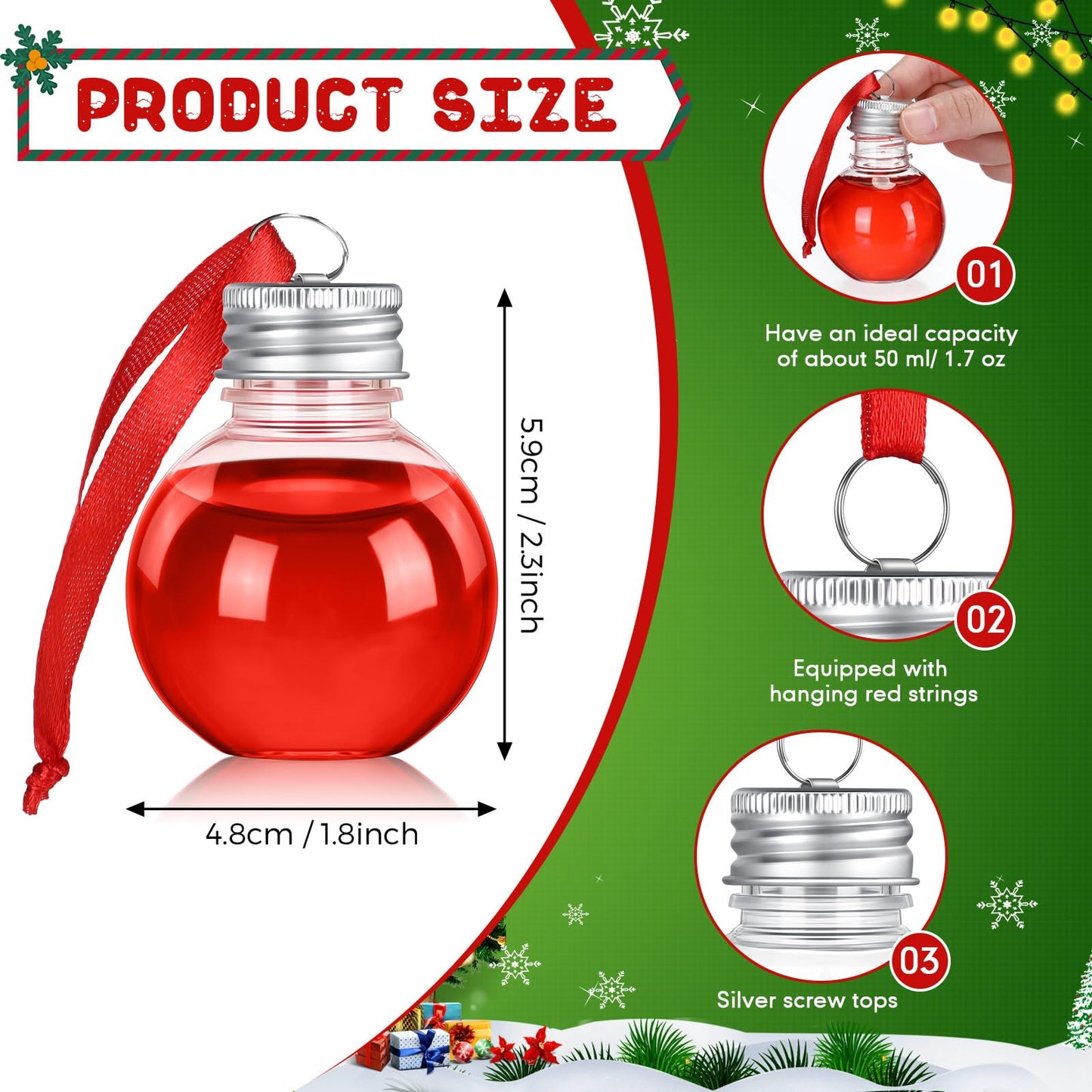 Leyndo 200 Pcs Christmas Booze Balls Plastic Fillable Ball Ornament Christmas Hanging Ornaments Water Bottle Bulbs for Home Christmas Holiday Decor